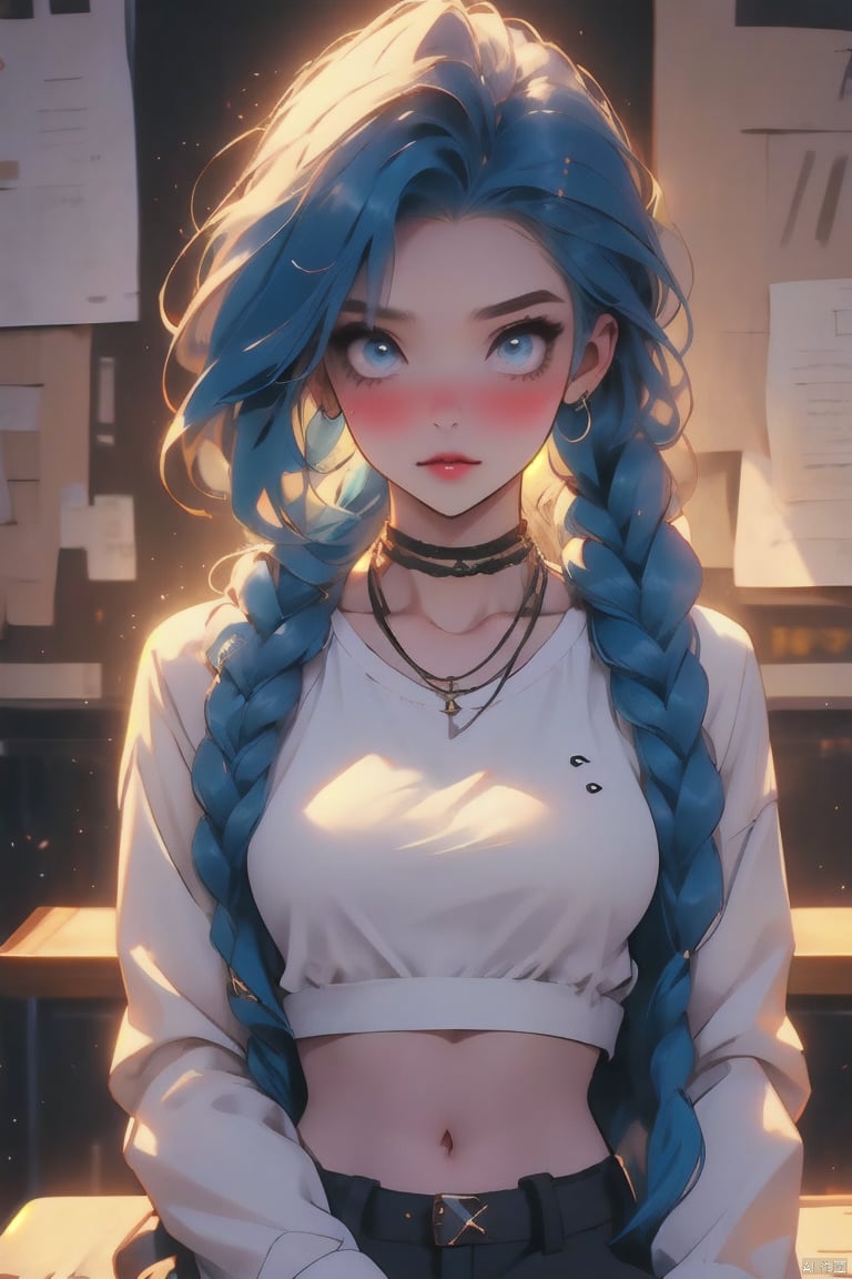 1girl, solo, long hair, breasts, looking at viewer, blush, bangs, shirt, long sleeves, jewelry, medium breasts, sitting, very long hair, blue hair, jacket, white shirt, braid, parted lips, open clothes, alternate costume, choker, belt, pants, artist name, indoors, necklace, crop top, black shirt, single braid, black choker, black pants, piercing, white jacket, hair over shoulder, asymmetrical bangs