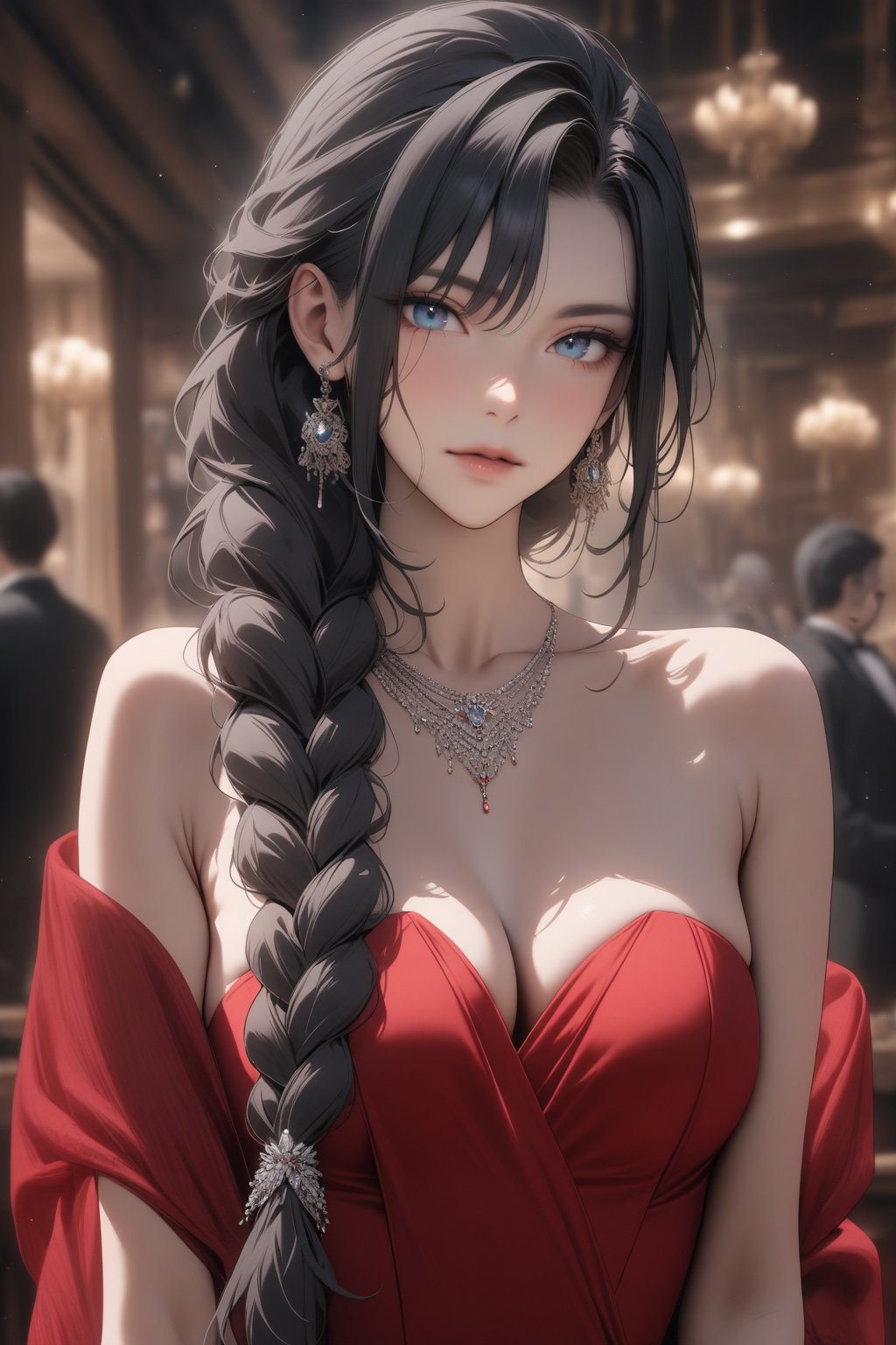 ((masterpiece, best quality, newest)),  1girl, long hair, looking at viewer, blue eyes, black hair, cleavage, bare shoulders, jewelry, medium breasts, closed mouth, collarbone, upper body, earrings, solo focus, indoors, necklace, single braid, makeup, depth of field, red dress, strapless dress, hair over shoulder, light particles, shawl, red lips