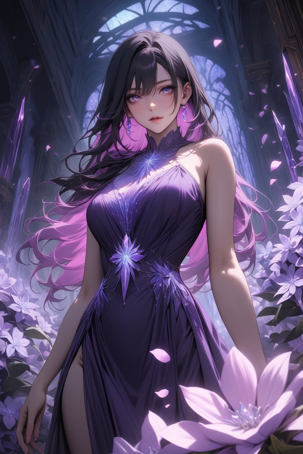 ((masterpiece, best quality, newest)), 1girl, solo, long hair, looking at viewer, bangs, black hair, hair between eyes, purple eyes, pink hair, purple hair, multicolored hair, pink eyes, mole, lips, eyelashes, mole under eye, portrait, ((purple crystal floors)). ((depth of field:1.2)), ((purple crystal indoors:1.3)), fantasy, scenary, purple light orbs, ((purple luminescent flowers:1.4)), petals, purple dress, 30 years old, ((cowboy shot:1.5)), ((godly perspective, dynamic angle:1.34))