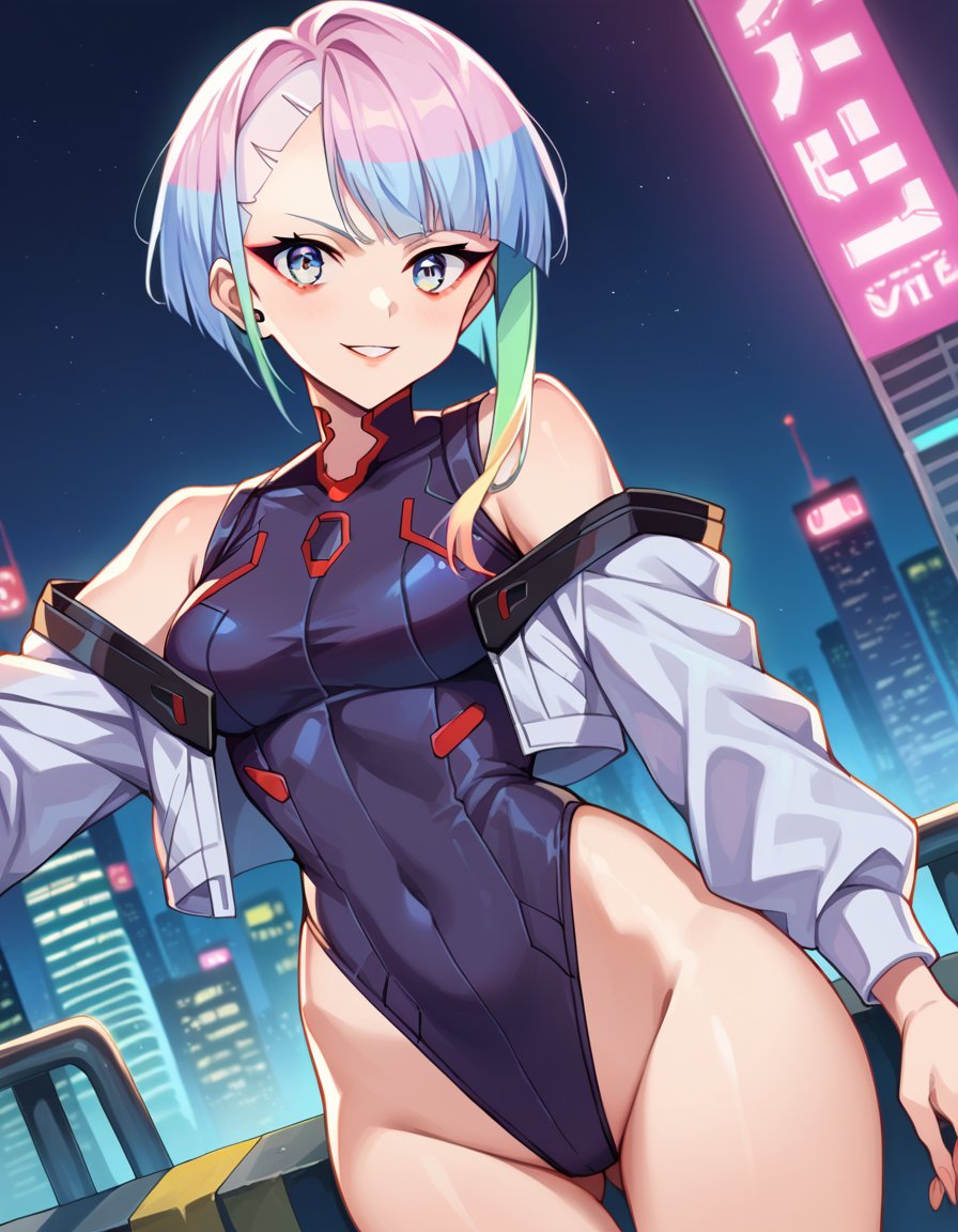 score_9, score_8_up, score_7_up, source_anime,cyberpunklucy, <lora:cyberpunk-lucy-ponyxl-lora-nochekaiser:1>,lucy, short hair, bangs, blue eyes, blue hair, multicolored hair, makeup, multicolored eyes, smile,bare hips, bodysuit, jacket, leotard, monowire, off shoulder, off-shoulder jacket, open clothes, open jacket, skindentation,outdoors, cityscape,looking at viewer, dutch angle, cowboy shot,