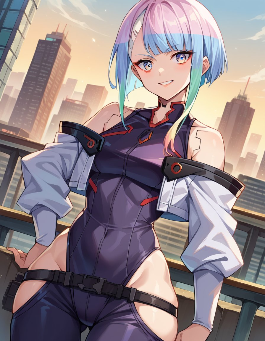 score_9, score_8_up, score_7_up, source_anime,cyberpunklucy, <lora:cyberpunk-lucy-ponyxl-lora-nochekaiser:1>,lucy, short hair, bangs, blue eyes, blue hair, multicolored hair, makeup, multicolored eyes, smile,bare hips, bodysuit, jacket, leotard, monowire, off shoulder, off-shoulder jacket, open clothes, open jacket, skindentation,outdoors, cityscape,looking at viewer, dutch angle, cowboy shot,