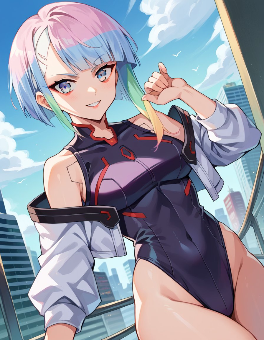 score_9, score_8_up, score_7_up, source_anime,cyberpunklucy, <lora:cyberpunk-lucy-ponyxl-lora-nochekaiser:1>,lucy, short hair, bangs, blue eyes, blue hair, multicolored hair, makeup, multicolored eyes, smile,bare hips, bodysuit, jacket, leotard, monowire, off shoulder, off-shoulder jacket, open clothes, open jacket, skindentation,outdoors, cityscape,looking at viewer, dutch angle, cowboy shot,