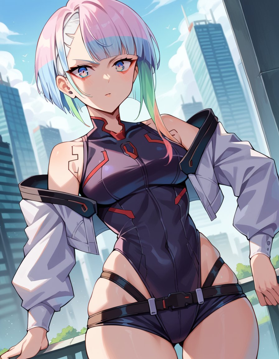 score_9, score_8_up, score_7_up, source_anime,cyberpunklucy, <lora:cyberpunk-lucy-ponyxl-lora-nochekaiser:1>,lucy, short hair, bangs, blue eyes, blue hair, multicolored hair, makeup, multicolored eyes,bare hips, bodysuit, jacket, leotard, monowire, off shoulder, off-shoulder jacket, open clothes, open jacket, skindentation,outdoors, cityscape,looking at viewer, dutch angle, cowboy shot,