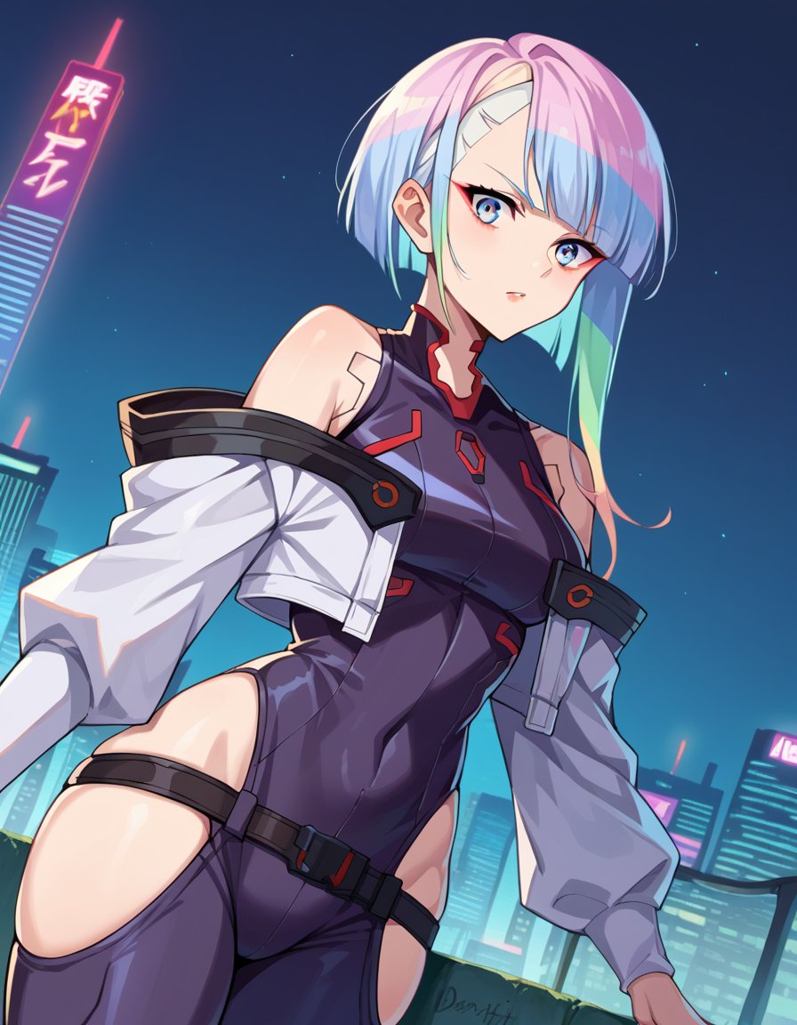 score_9, score_8_up, score_7_up, source_anime,cyberpunklucy, <lora:cyberpunk-lucy-ponyxl-lora-nochekaiser:1>,lucy, short hair, bangs, blue eyes, blue hair, multicolored hair, makeup, multicolored eyes,bare hips, bodysuit, jacket, leotard, monowire, off shoulder, off-shoulder jacket, open clothes, open jacket, skindentation,outdoors, cityscape,looking at viewer, dutch angle, cowboy shot,