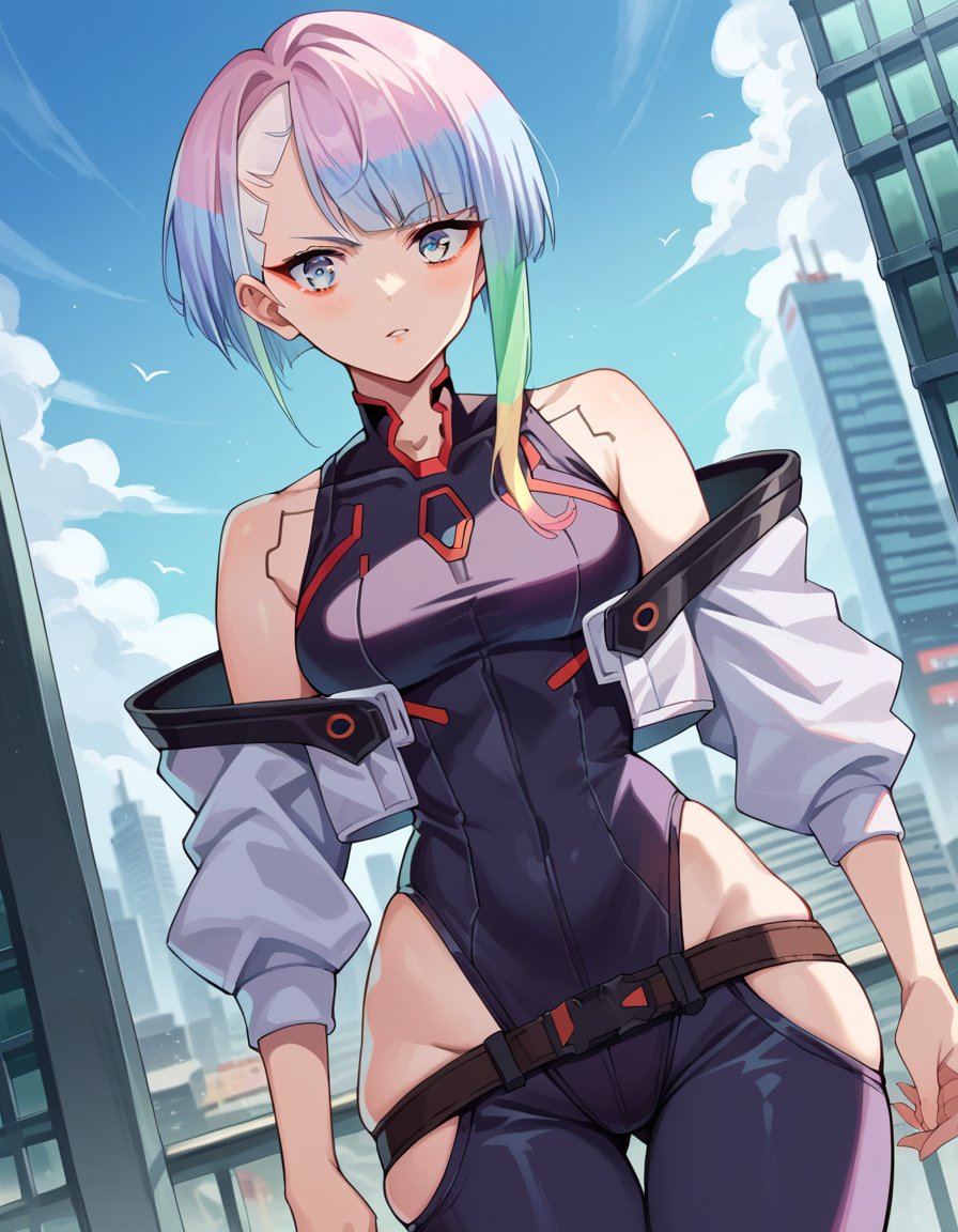 score_9, score_8_up, score_7_up, source_anime,cyberpunklucy, <lora:cyberpunk-lucy-ponyxl-lora-nochekaiser:1>,lucy, short hair, bangs, blue eyes, blue hair, multicolored hair, makeup, multicolored eyes,bare hips, bodysuit, jacket, leotard, monowire, off shoulder, off-shoulder jacket, open clothes, open jacket, skindentation,outdoors, cityscape,looking at viewer, dutch angle, cowboy shot,