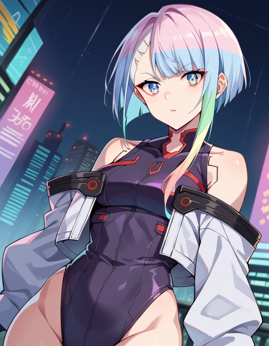 score_9, score_8_up, score_7_up, source_anime,cyberpunklucy, <lora:cyberpunk-lucy-ponyxl-lora-nochekaiser:1>,lucy, short hair, bangs, blue eyes, blue hair, multicolored hair, makeup, multicolored eyes,bare hips, bodysuit, jacket, leotard, monowire, off shoulder, off-shoulder jacket, open clothes, open jacket, skindentation,outdoors, cityscape,looking at viewer, dutch angle, cowboy shot,