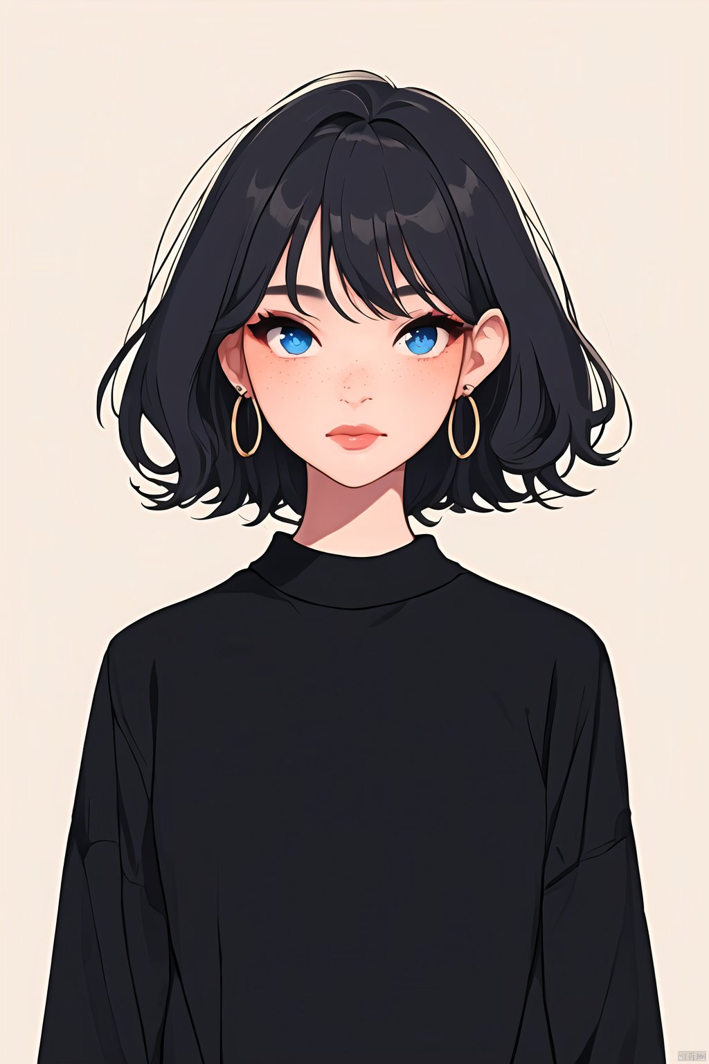 jijianchahua, 1girl, solo, jewelry, earrings, black hair, simple background, hoop earrings, blue eyes, upper body, short hair, sweater, black sweater, black shirt, closed mouth, piercing, lips, shirt, freckles