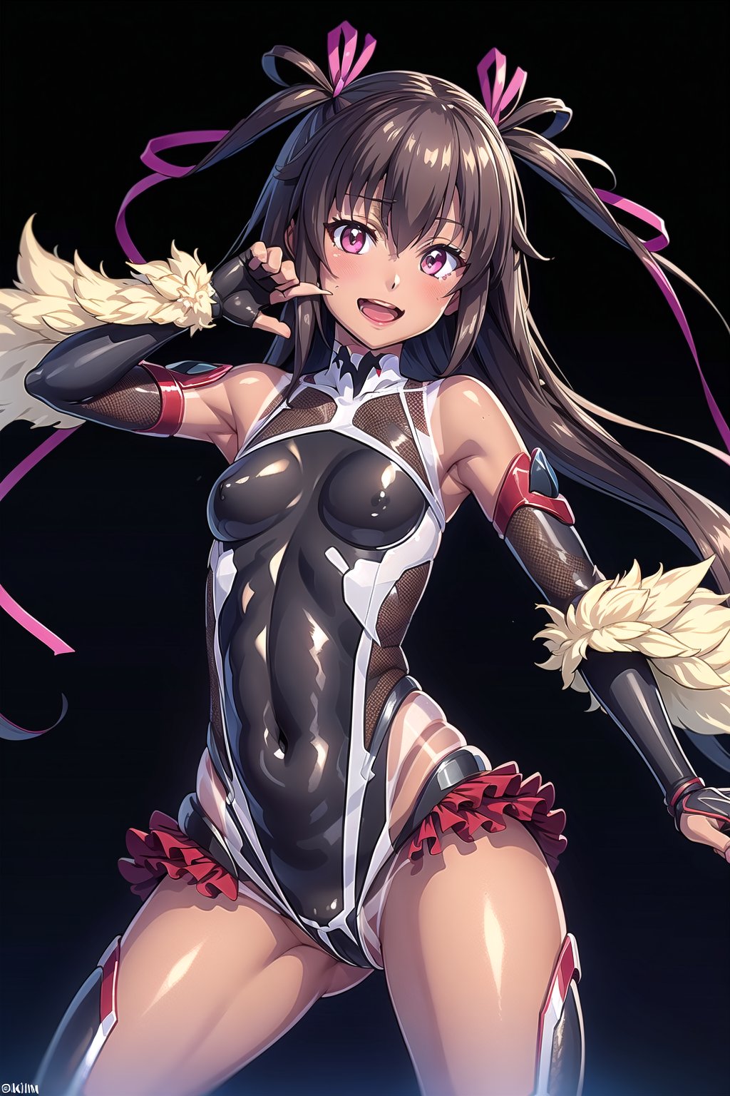 yukikaze,taimanin bodysuit, cute smile, open mouth, tanned skin long hair, tanlines, elbow gloves, pink eyes, ,black leotard, frilled leotard, cute pose,