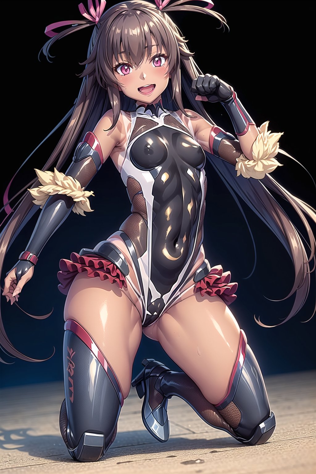 yukikaze,taimanin bodysuit, cute smile, open mouth, tanned skin long hair, tanlines, elbow gloves, pink eyes, ,black leotard, frilled leotard, cute pose,