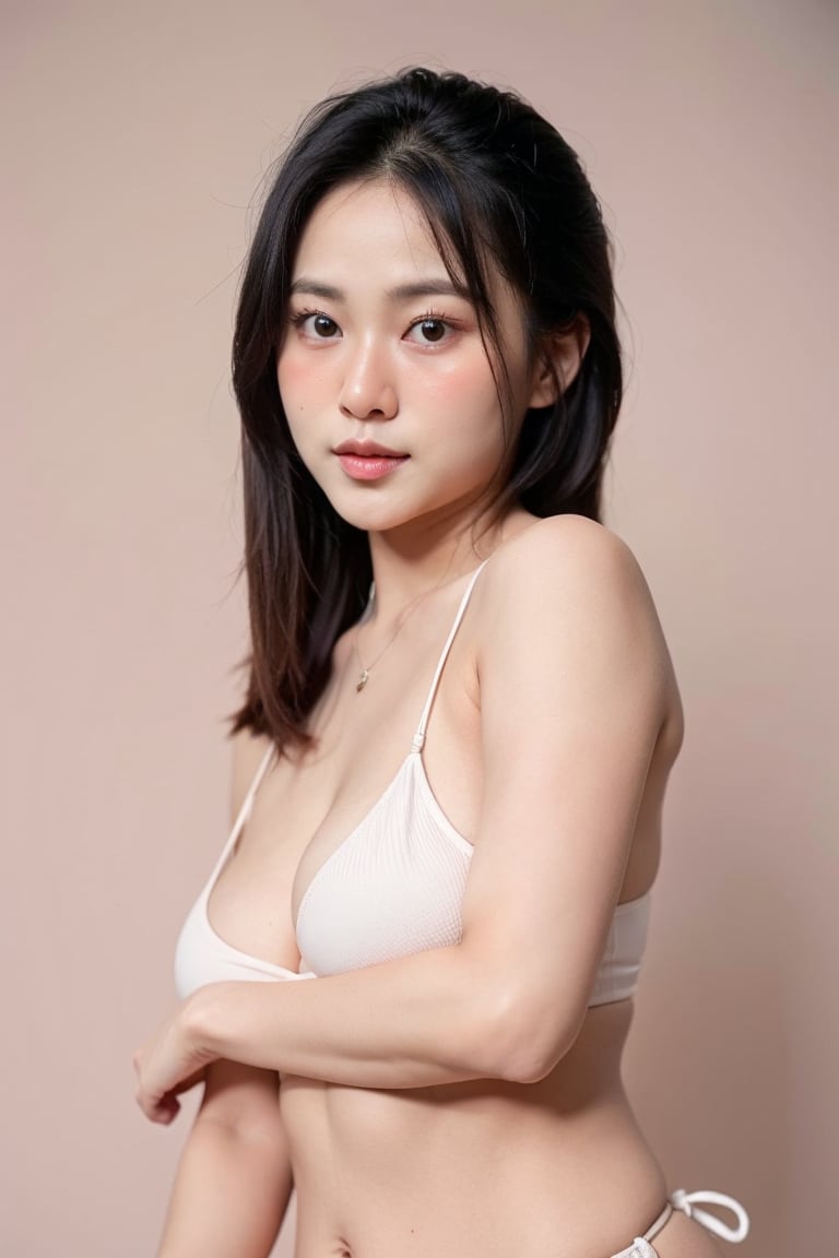 1woman, Masterpiece, Best Quality, Beautiful Face, layered hair, Indonesian, Blank Pink Pastel Background, Sharp Focus on Subject, Detailed Face, White Bikini, Sony A7 mark IV, AkinaA, Full Body, Breasts Grab Pose, ,sagging breasts