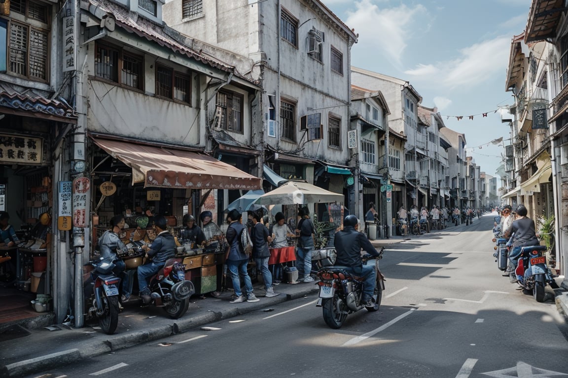 architecture, building, (shophouse), cityscape, scenery, Southeast Asia, George Town, Penang, vintage, historical, heritage, orange tiled roof, pedestrian arcade, narrow facade, long windows, people, crowd, street vendors, road, perfect proportions, perfect perspective, 8k, masterpiece, best quality, high_resolution, high detail, photorealistic, motorcycle, bike, nightmarket, day, Masterpiece,metal steel building