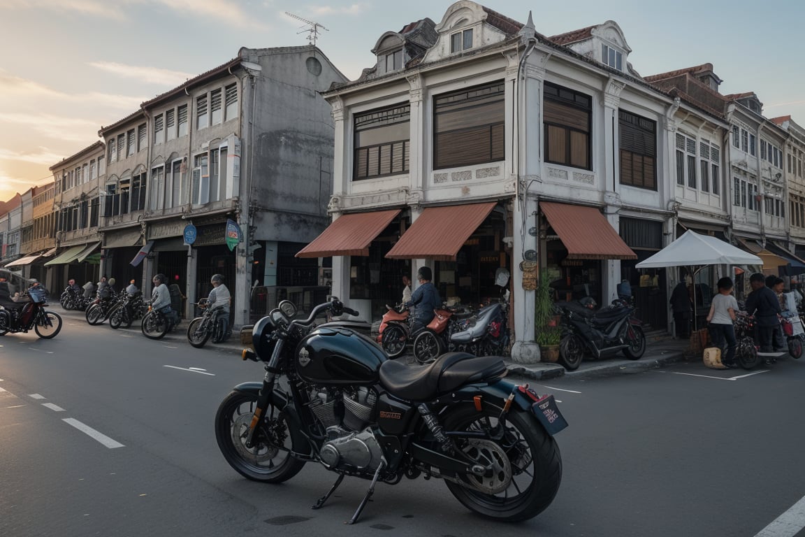 architecture, building, (shophouse), cityscape, scenery, Southeast Asia, George Town, Penang, vintage, historical, heritage, orange tiled roof, pedestrian arcade, narrow facade, long windows, people, crowd, street vendors, road, perfect proportions, perfect perspective, 8k, masterpiece, best quality, high_resolution, high detail, photorealistic, motorcycle, bike, nightmarket, sunset, Masterpiece