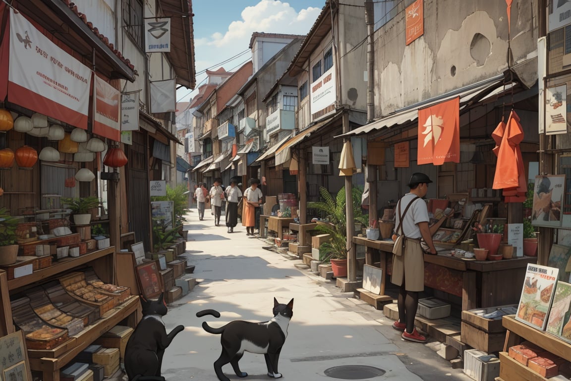 architecture, building, (shophouse), cityscape, scenery, Southeast Asia, George Town, Penang, vintage, historical, heritage, orange tiled roof, pedestrian arcade, narrow facade, long windows, people, crowd, street vendors, lane, perfect proportions, perfect perspective, 8k, masterpiece, best quality, high_resolution, high detail, photorealistic,Masterpiece, cats, multiple cats