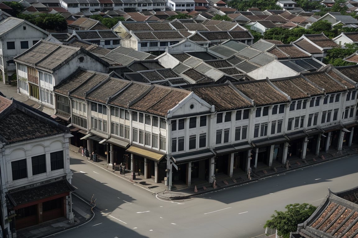 architecture, building, (shophouse), (aerial photography, cityscape), scenery, Southeast Asia, George Town, Penang, vintage, historical, heritage, orange tiled roof, pedestrian arcade, narrow facade, long windows, road, perfect proportions, perfect perspective, 8k, masterpiece, best quality, high_resolution, high detail, photorealistic, midday, Masterpiece