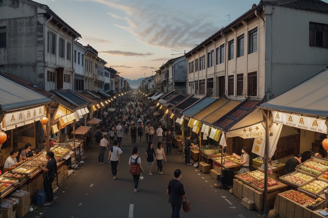 architecture, building, (shophouse), aerial photography, cityscape, scenery, Southeast Asia, George Town, Penang, vintage, historical, heritage, orange tiled roof, pedestrian arcade, narrow facade, long windows, people, crowd, street vendors, road, perfect proportions, perfect perspective, 8k, masterpiece, best quality, high_resolution, high detail, photorealistic, nightmarket, sunset, twilight, Masterpiece