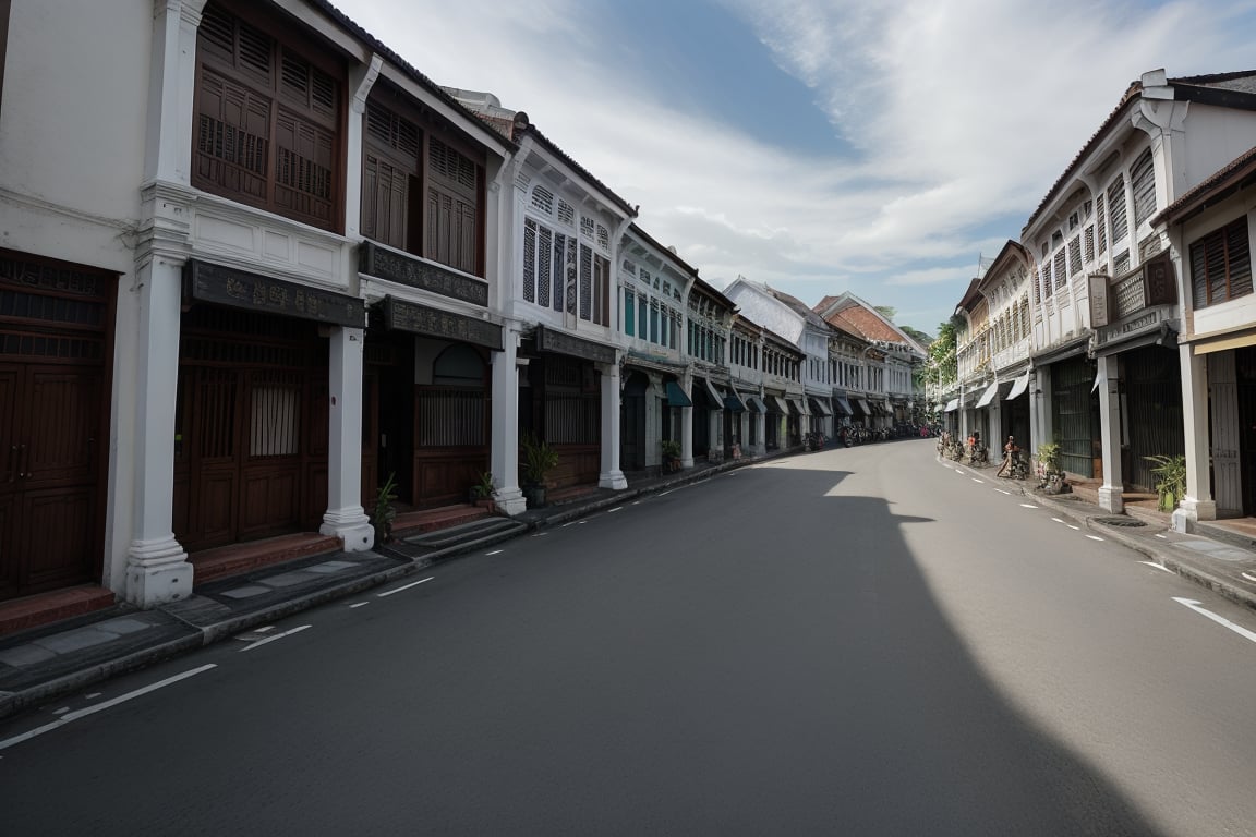 architecture, building, (shophouse), cityscape, scenery, Southeast Asia, George Town, Penang, vintage, historical, heritage, orange tiled roof, pedestrian arcade, narrow facade, long windows, no humans, road, perfect proportions, perfect perspective, 8k, masterpiece, best quality, high_resolution, high detail, photorealistic