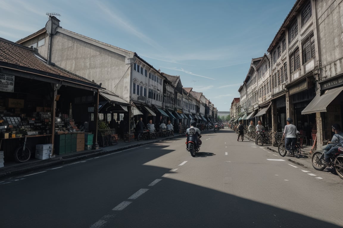 architecture, building, (shophouse), cityscape, scenery, Southeast Asia, George Town, Penang, vintage, historical, heritage, orange tiled roof, pedestrian arcade, narrow facade, long windows, people, crowd, street vendors, road, perfect proportions, perfect perspective, 8k, masterpiece, best quality, high_resolution, high detail, photorealistic, motorcycle, bike, nightmarket, sunset