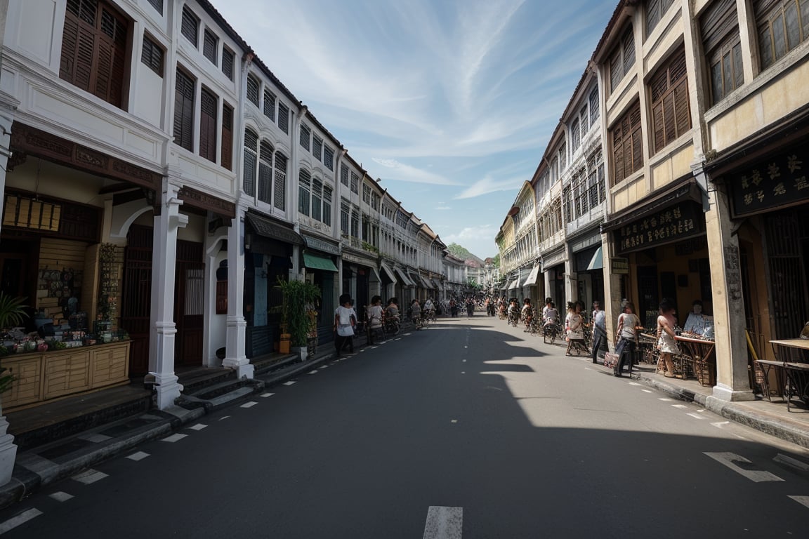 architecture, building, (shophouse), cityscape, scenery, Southeast Asia, George Town, Penang, vintage, historical, heritage, orange tiled roof, pedestrian arcade, narrow facade, long windows, people, crowd, street vendors, road, perfect proportions, perfect perspective, 8k, masterpiece, best quality, high_resolution, high detail, photorealistic