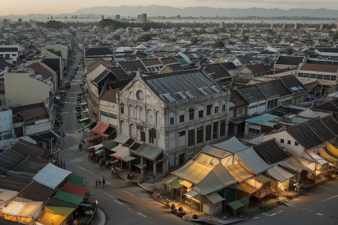 architecture, building, (shophouse), aerial photography, cityscape, scenery, Southeast Asia, George Town, Penang, vintage, historical, heritage, orange tiled roof, pedestrian arcade, narrow facade, long windows, people, crowd, street vendors, road, perfect proportions, perfect perspective, 8k, masterpiece, best quality, high_resolution, high detail, photorealistic, nightmarket, sunset, twilight, Masterpiece,building,abenoharukas