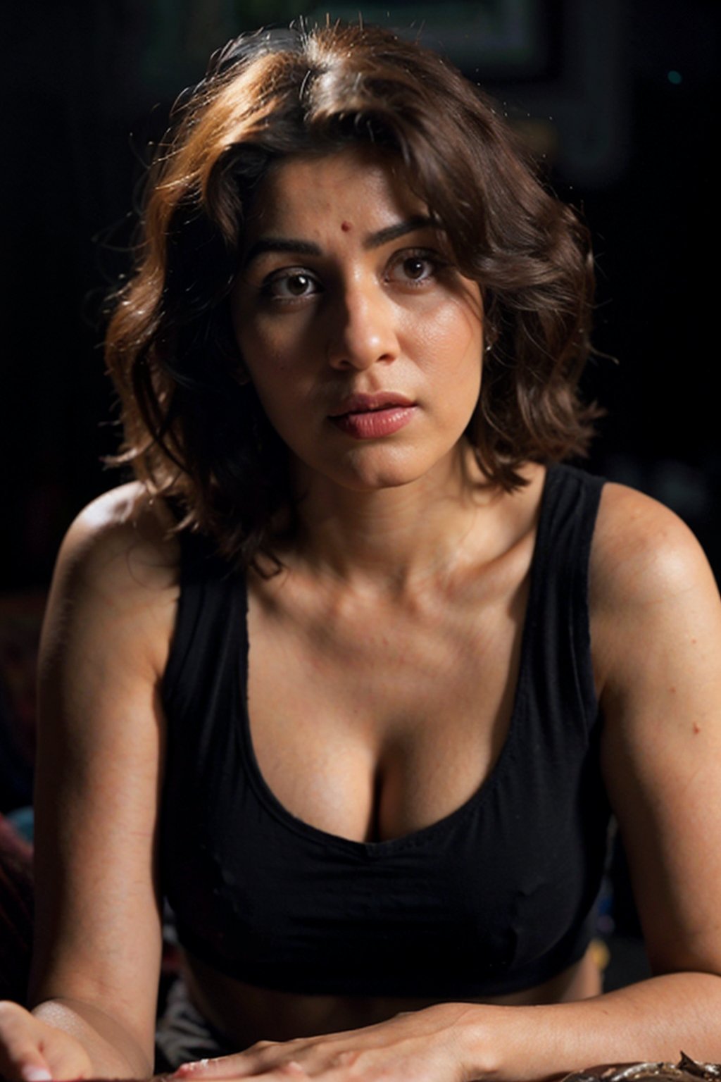 lifelike rendering, immersive atmosphere, impeccably detailed, visually stunning, transfixing looks, emotive depth, artistic emotionality, compelling glances, beautiful indian woman in low neck tank top, black background, natural lighting, Intense Shadow,