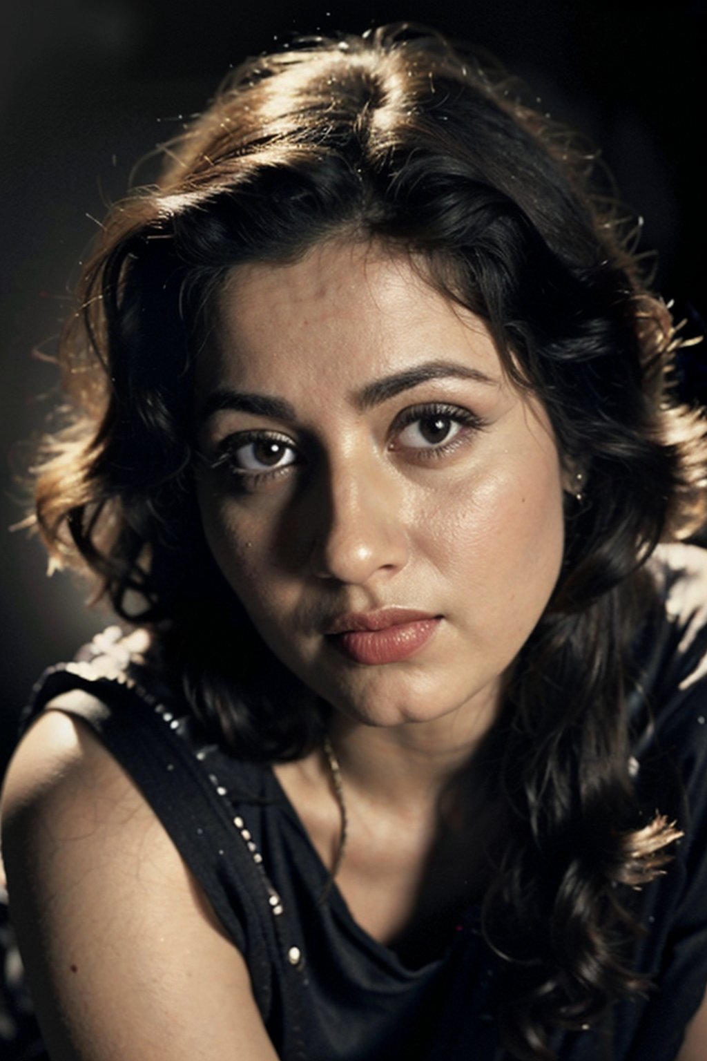 lifelike rendering, immersive atmosphere, impeccably detailed, visually stunning, transfixing looks, emotive depth, artistic emotionality, compelling glances, vintage portrait photograph of Madhubala, sepia tones, classic studio photograph, delicate features, black background, natural lighting, Intense Shadow,