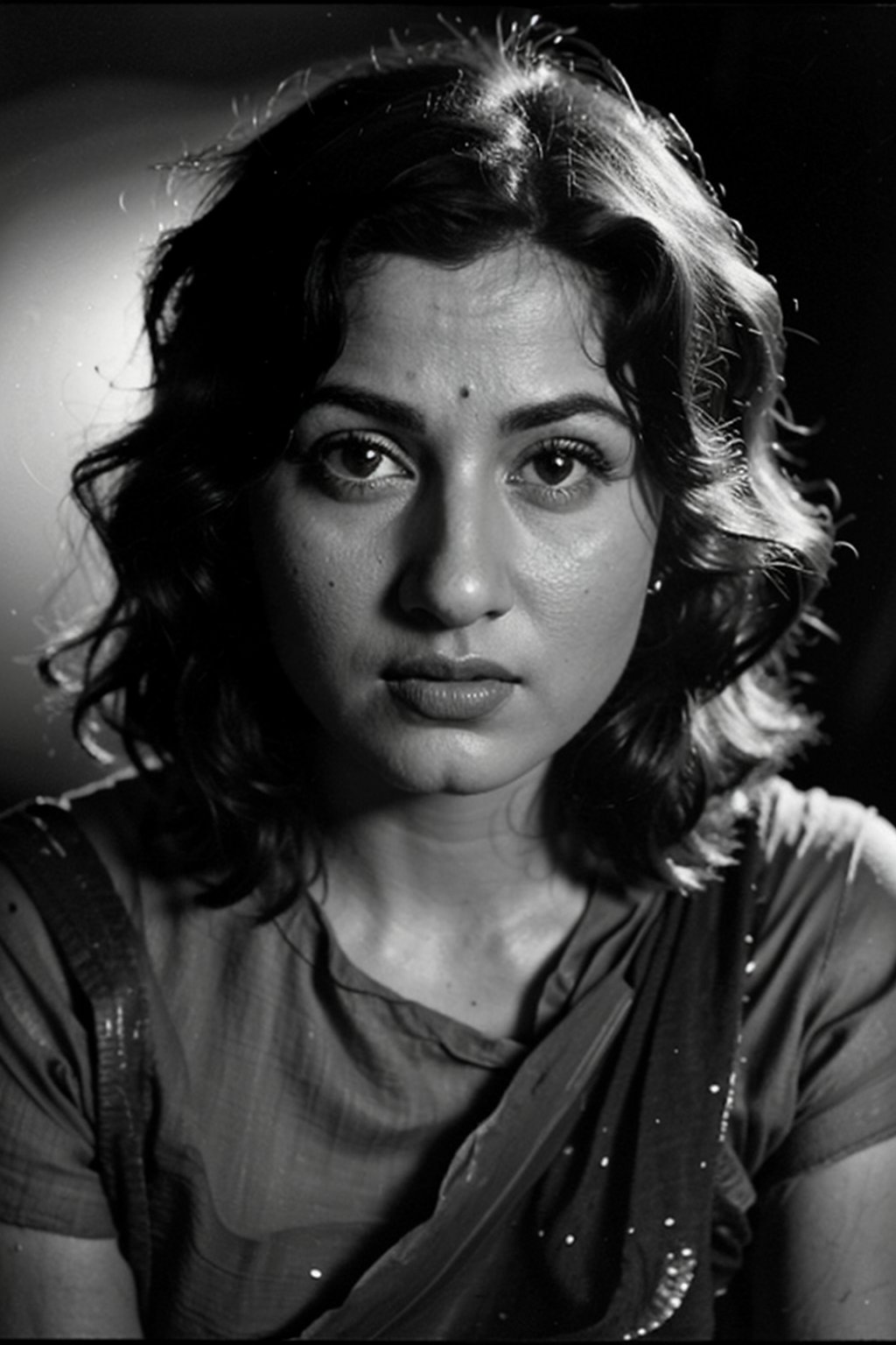 lifelike rendering, immersive atmosphere, impeccably detailed, visually stunning, transfixing looks, emotive depth, artistic emotionality, compelling glances, vintage portrait photograph of Madhubala, sepia tones, classic studio photograph, delicate features, black background, natural lighting, Intense Shadow,