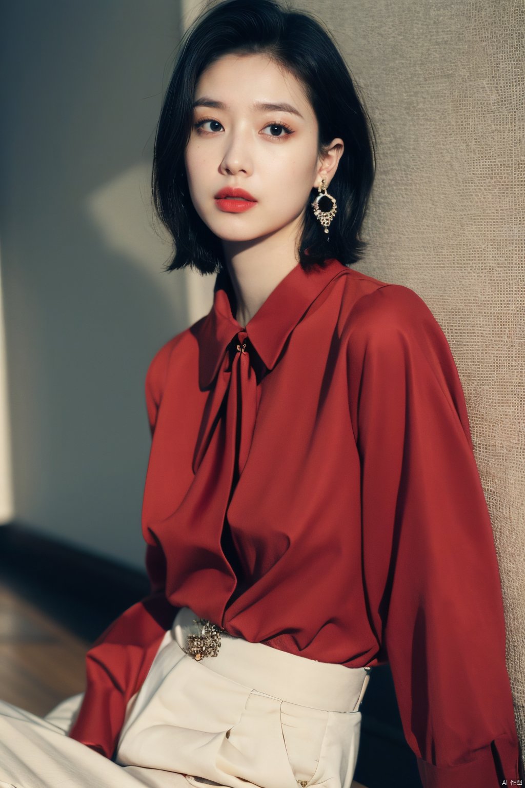  1girl, jewelry, earrings, solo, lipstick, black_hair, short_hair, makeup, red_lips,shirt,fancy brooch,pants, bracelet, black_pants, cowboy_shot, Realistic, masterpiece, highest quality, high resolution,dundar,moyou, dyzgqzm, qingsha,