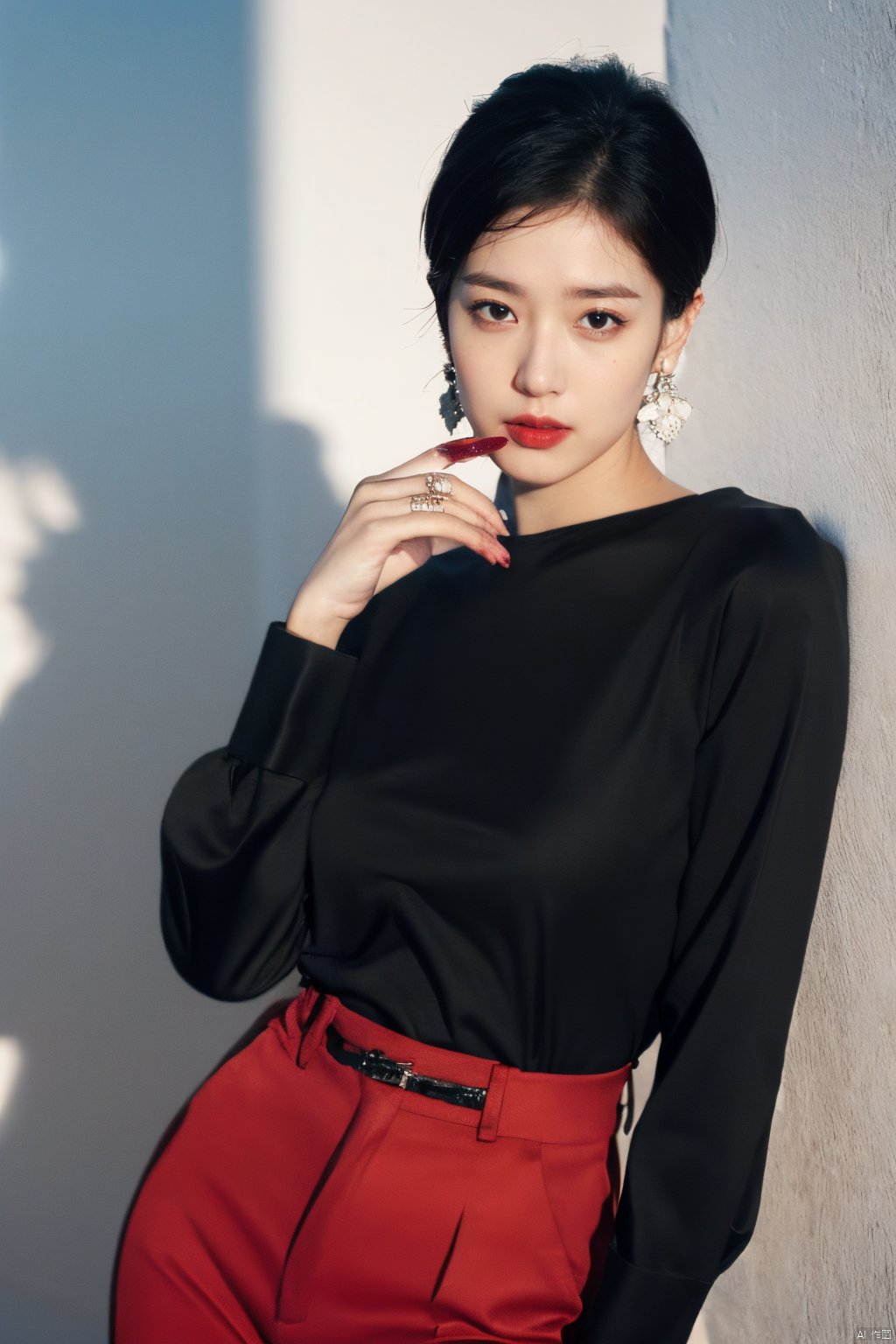  1girl, jewelry, earrings, solo, lipstick, black_hair, short_hair, makeup, red_lips,shirt,fancy brooch,pants, bracelet, black_pants, cowboy_shot, Realistic, masterpiece, highest quality, high resolution,dundar,moyou, dyzgqzm, qingsha,