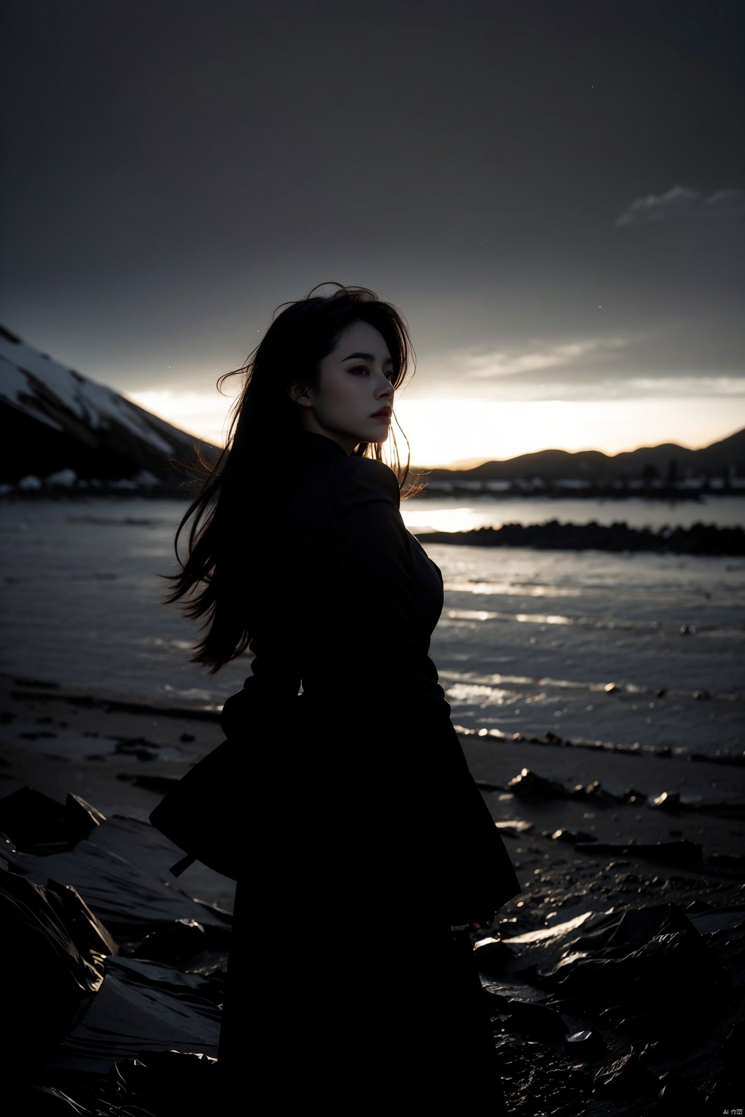  masterpiece,best quality,highres,2girls,flora,snowing,bokeh,low contrast,sharp and in focus,(art by Chris Friel:1.2),(night),sad,melancholy,,,messy long hair,wind,cinematic_angle,(cinematic tone:1.2),air bangs,mountaintop,cowboy shot,floating hair,rule of thirds,ice lake,depth of field,from back,