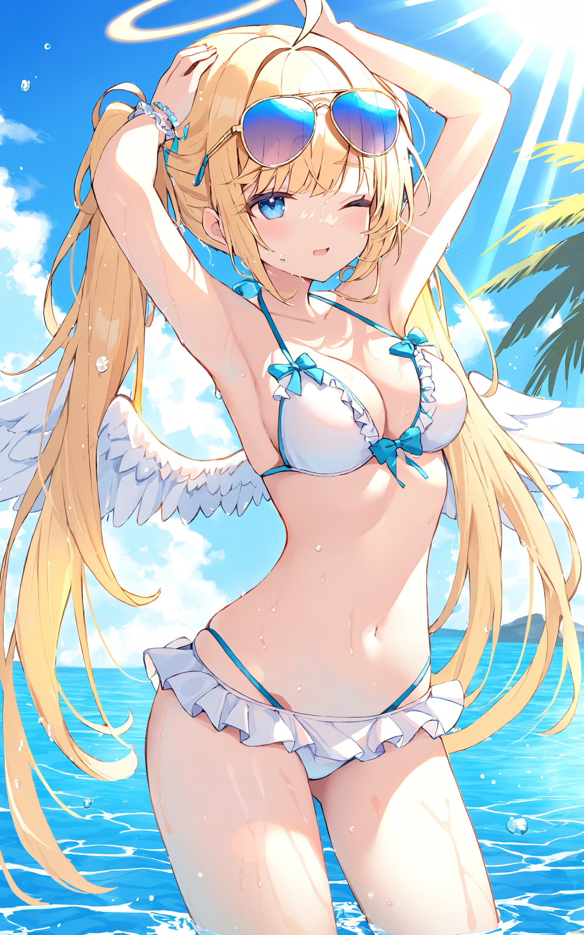  (best quality), ((masterpiece))1girl, bikini, swimsuit, solo, breasts, blonde hair, white bikini, long hair, frilled bikini, one eye closed, blue eyes, twintails, navel, wings, wet, water, stomach, angel wings, very long hair, eyewear on head, halo, frills, looking at viewer, outdoors, blush, cleavage, sunglasses, sunlight, ahoge, angel, armpits, sky, bangs, arm up, day, medium breasts