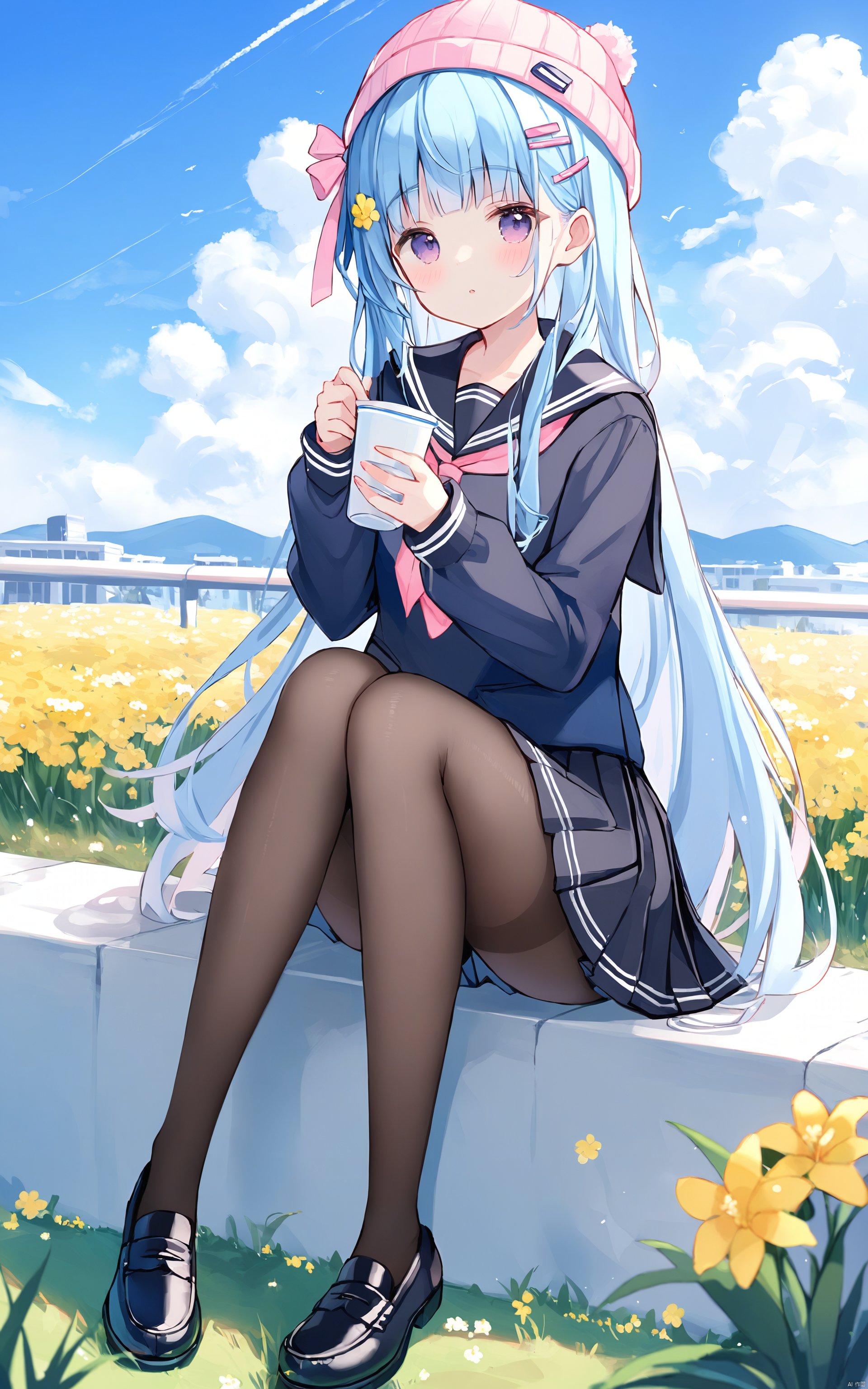  (best quality), ((masterpiece))1girl, solo, pantyhose, outdoors, skirt, hat, hair ornament, sailor collar, holding, long hair, sitting, shoes, blush, very long hair, pink headwear, purple eyes, bangs, black pantyhose, loafers, looking at viewer, sky, hairclip, day, holding cup, blue hair, cloud, signature, cup, long sleeves, beanie, pleated skirt, black footwear, flower, blue sky, school uniform, yellow flower, grass, black sailor collar, knees up