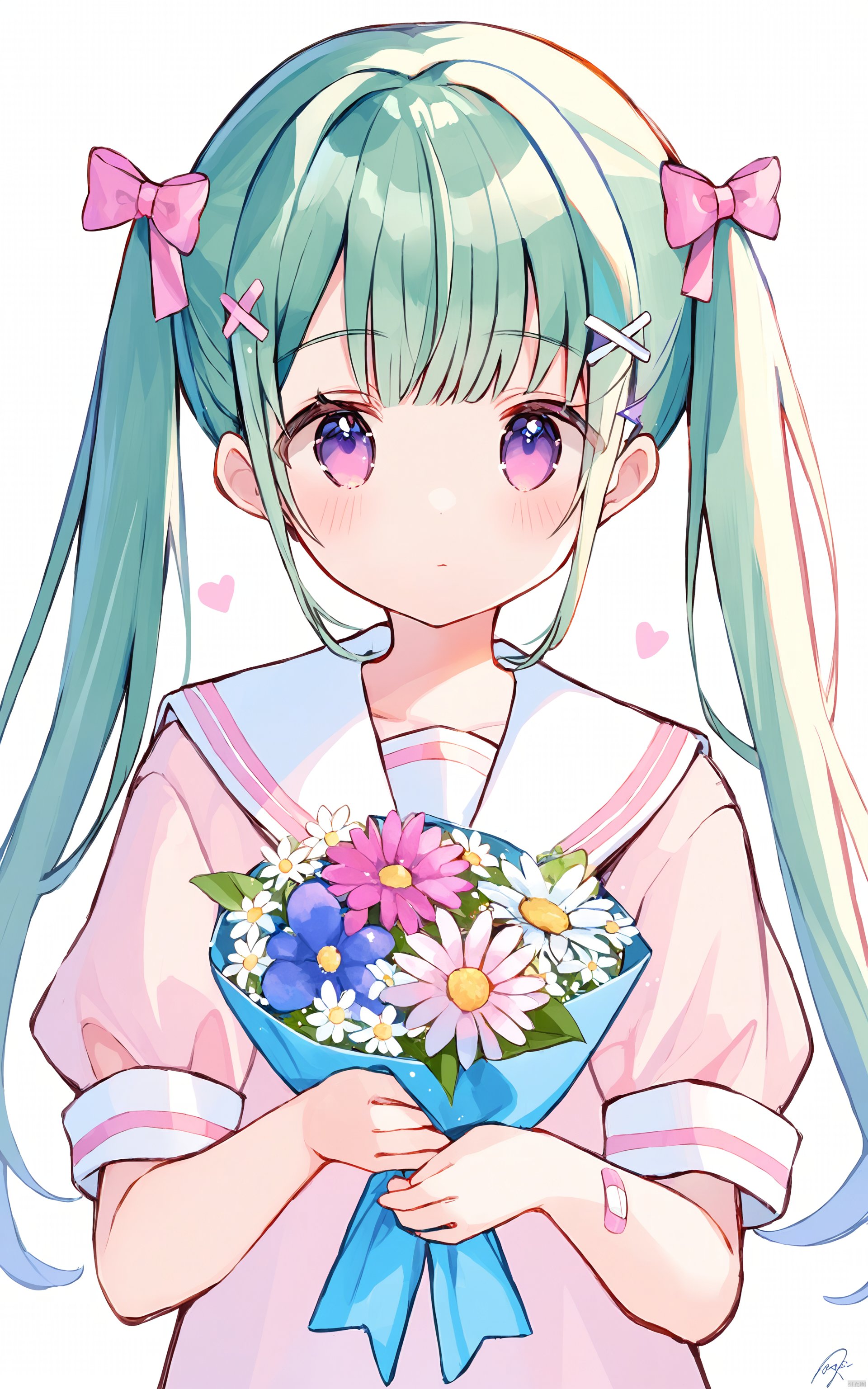  (best quality), ((masterpiece))1girl, solo, bow, white background, bandaid, hair bow, twintails, short sleeves, simple background, flower, upper body, sailor collar, holding, green hair, hair ornament, puffy sleeves, blush, puffy short sleeves, bangs, purple eyes, pink bow, white bow, pink shirt, bouquet, long hair, white sailor collar, looking at viewer, signature, closed mouth, shirt, white flower, blue hair, x hair ornament, blue flower