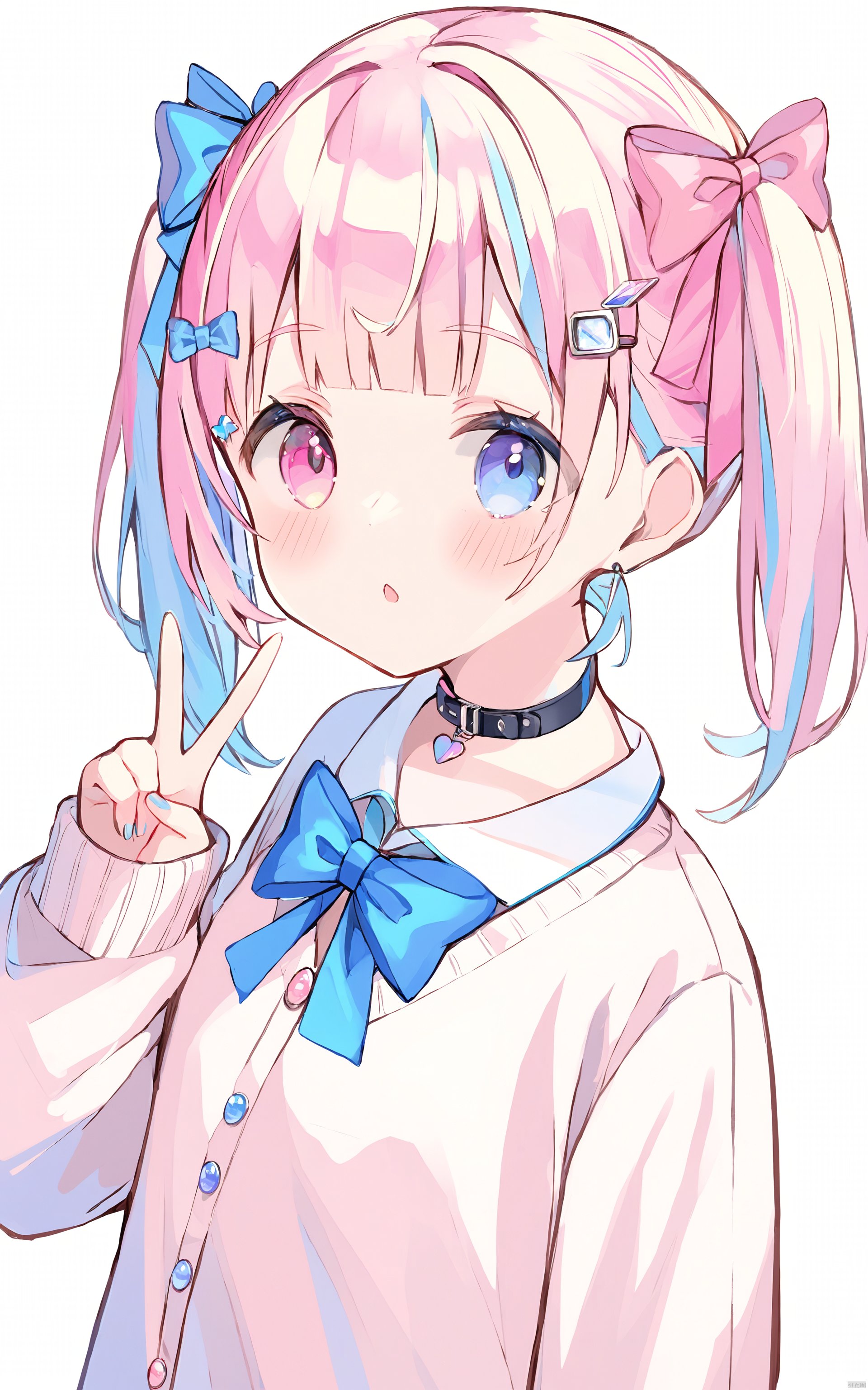  (best quality), ((masterpiece))1girl, hair ornament, heterochromia, blue eyes, blue hair, solo, sleeves past wrists, bow, collar, blush, v, pink hair, pink eyes, looking at viewer, white background, simple background, twintails, multicolored hair, short hair, long sleeves, bangs, blue bow