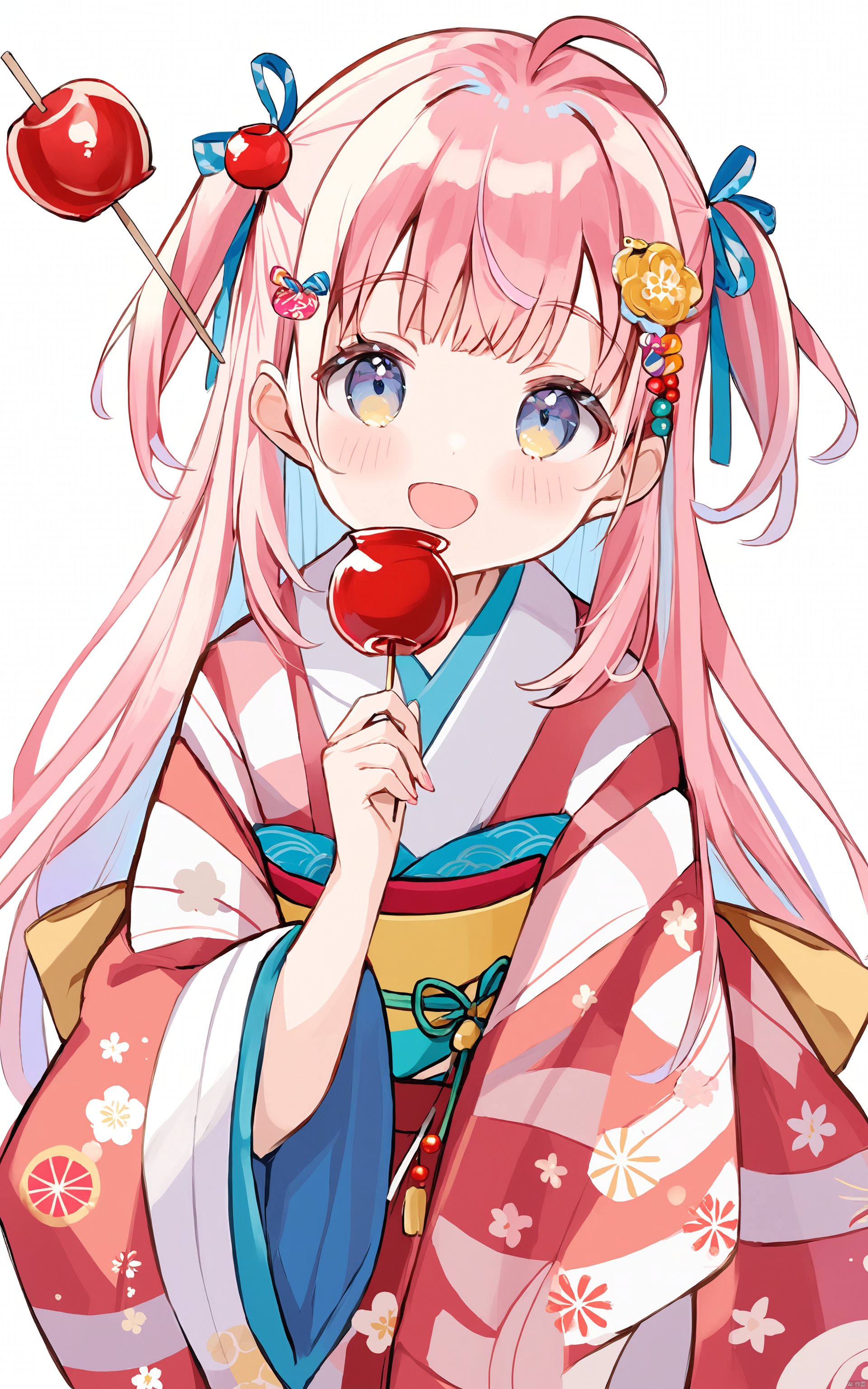  (best quality), ((masterpiece))1girl, food, japanese clothes, pink hair, food-themed hair ornament, kimono, white background, long hair, candy apple, hair ornament, looking at viewer, solo, ahoge, smile, blush, ribbon, simple background, multicolored hair, holding, holding food, open mouth, bangs, two side up, wide sleeves