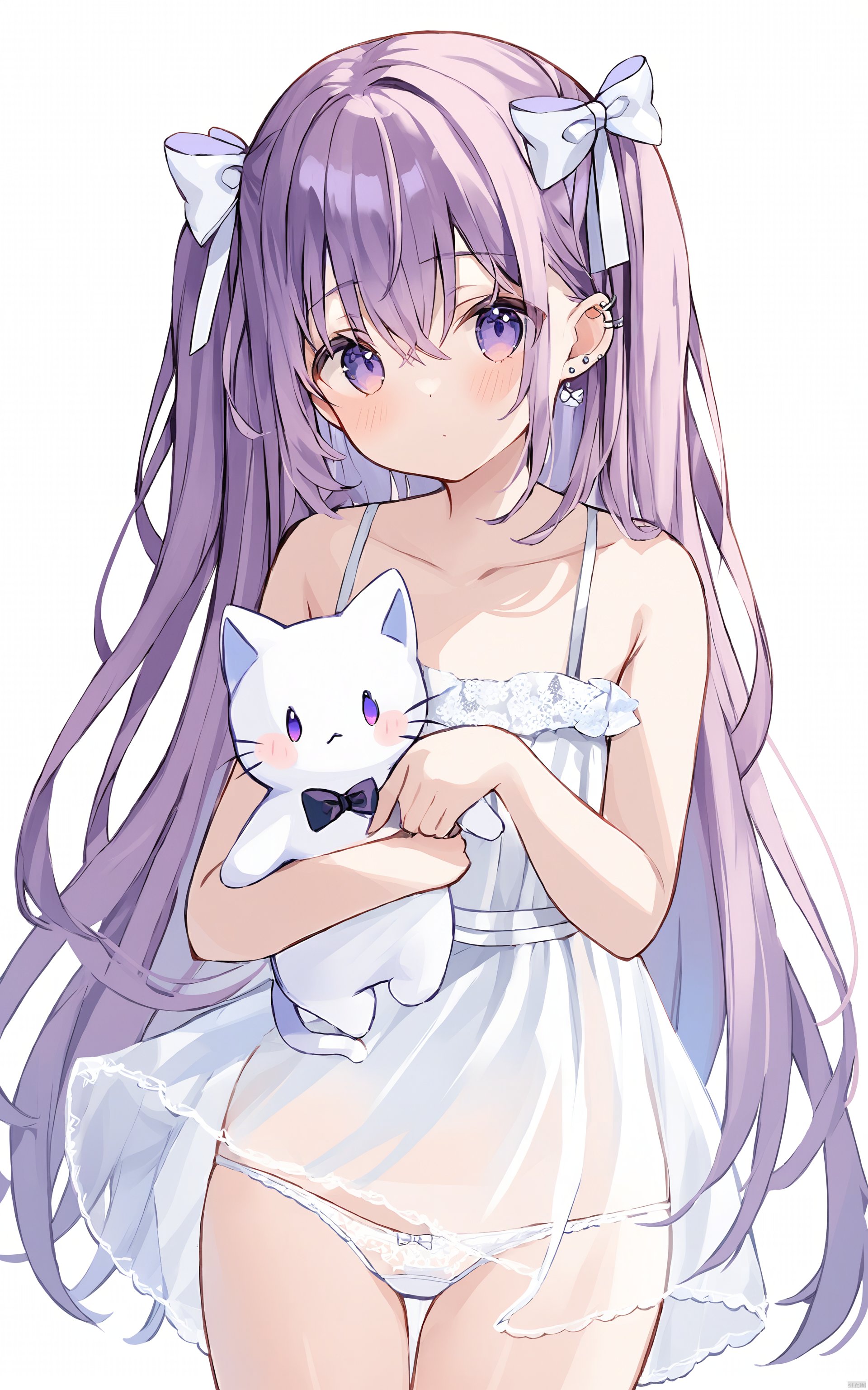  (best quality), ((masterpiece))1girl, solo, dress, purple hair, panties, underwear, long hair, white background, looking at viewer, white dress, bare shoulders, bow, see-through, hair bow, piercing, holding animal, simple background, blush, white panties, cat, animal, bangs, ear piercing, white bow, collarbone, hair between eyes, very long hair, purple eyes, jewelry, closed mouth, holding, two side up