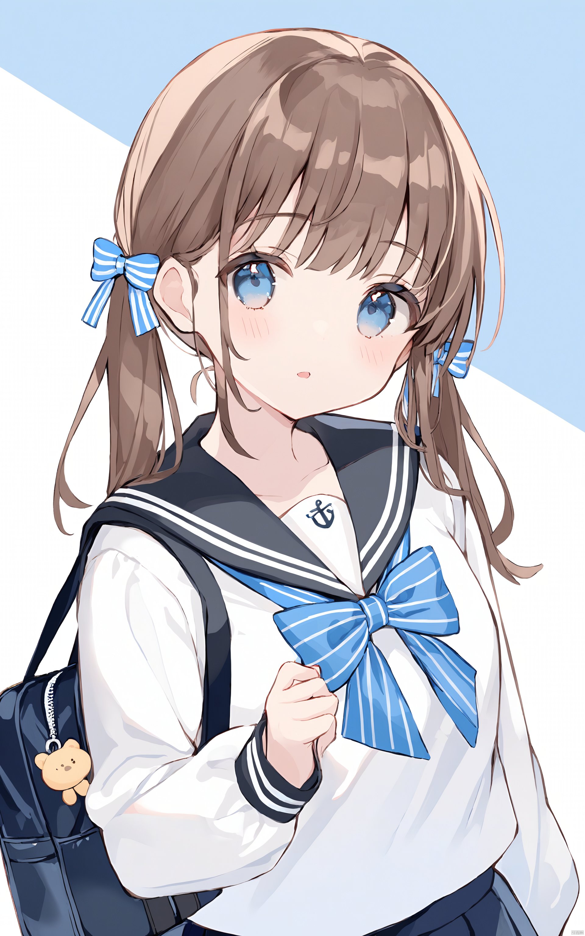  (best quality), ((masterpiece))1girl, solo, white background, sailor collar, shirt, simple background, parted lips, bag, blue eyes, twintails, school uniform, long sleeves, blush, looking at viewer, school bag, bow, bangs, white shirt, black sailor collar, bag charm, brown hair, long hair, striped bow, serafuku, skirt, puffy long sleeves, blue bow, upper body