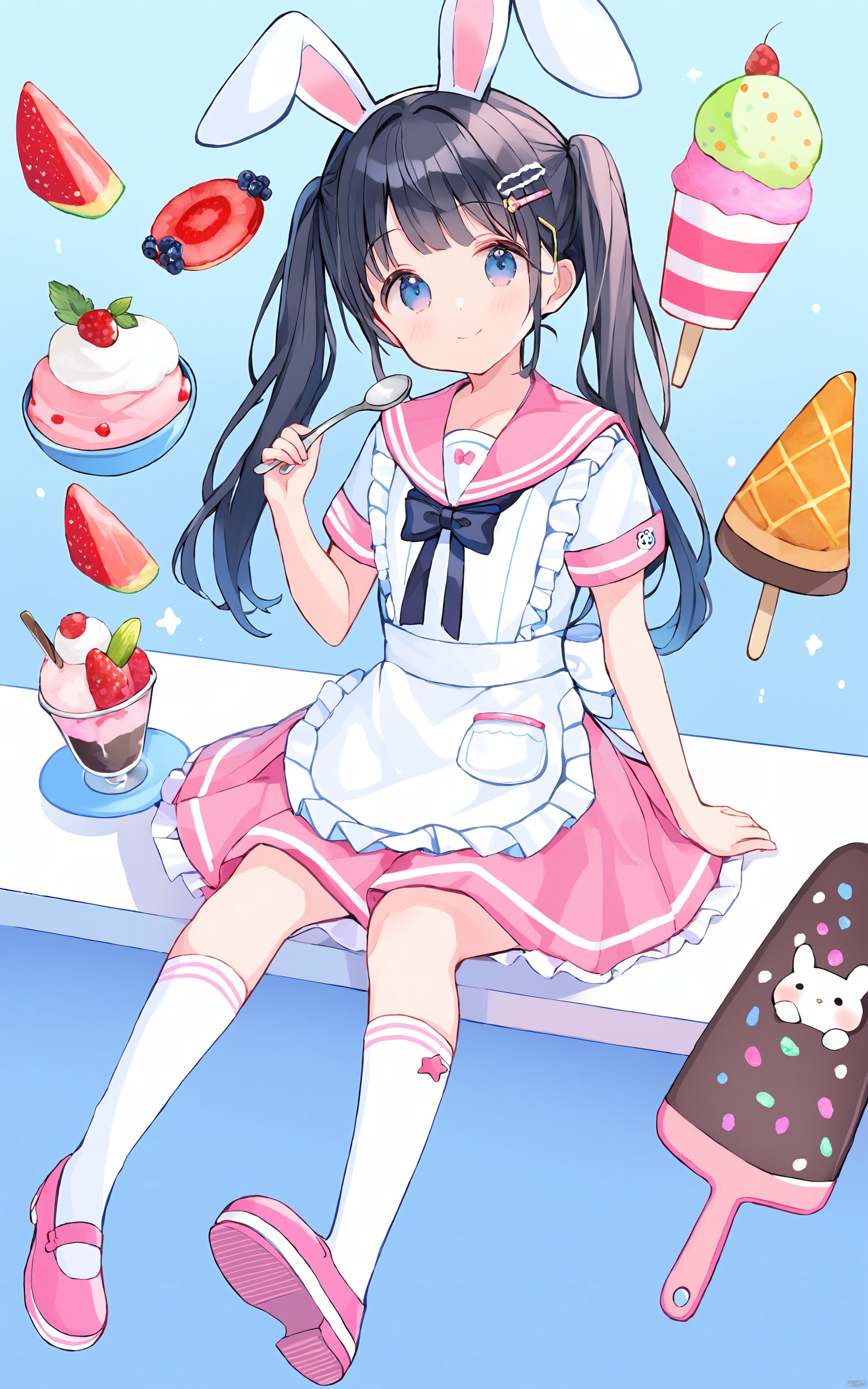  (best quality), ((masterpiece))1girl, solo, animal ears, spoon, closed mouth, holding, pink sailor collar, holding spoon, white apron, rabbit ears, frilled apron, short sleeves, sailor collar, twintails, long hair, blush, apron, shoe soles, socks, blue eyes, food, smile, white socks, shoes, ice cream, bangs, frills, cup, hairclip, shirt, white shirt, sitting, hair ornament, black hair, white background, pink footwear, star \(symbol\), pink skirt, tail, bow, polka dot, looking at viewer, blue background, skirt, holding food