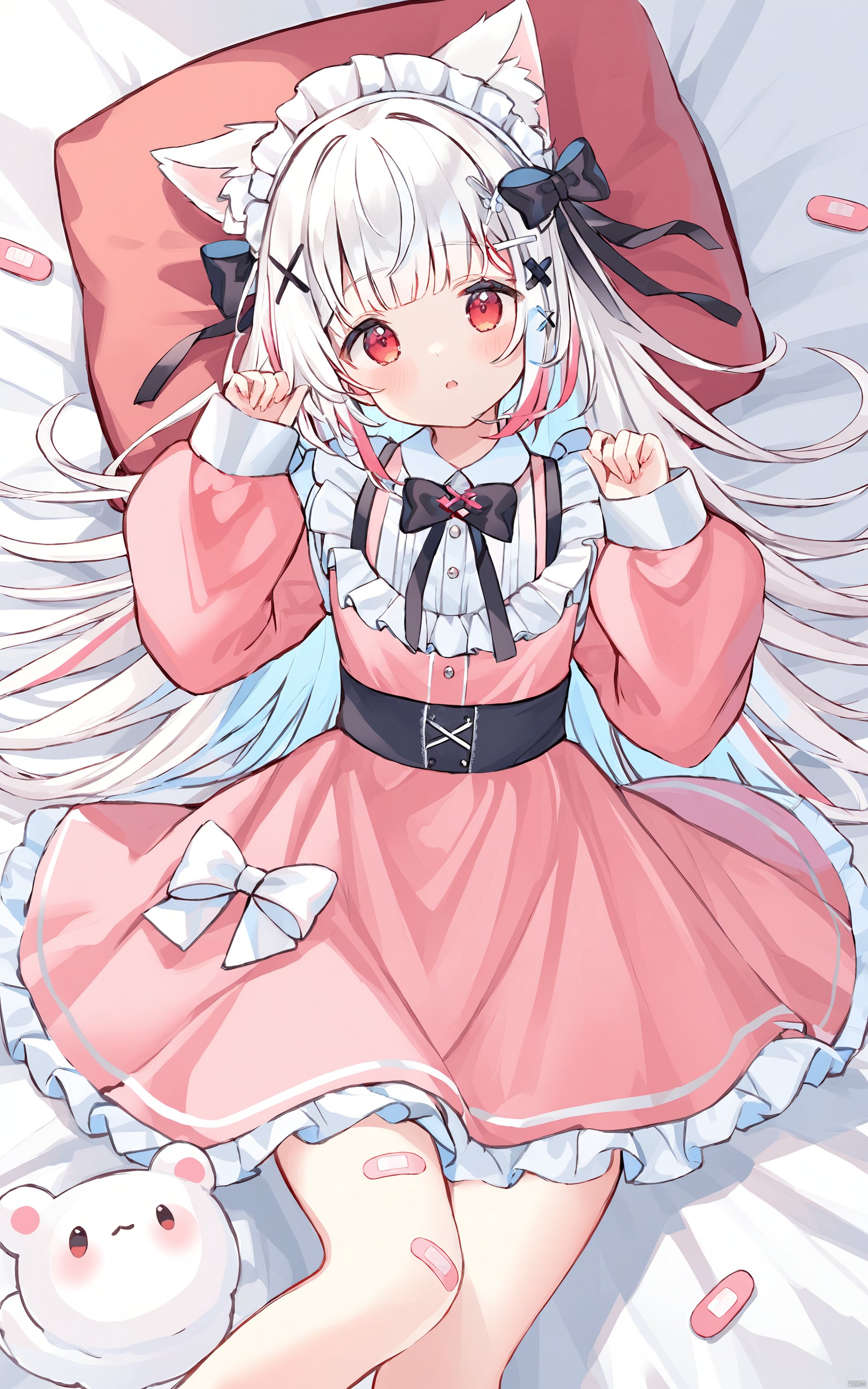  (best quality), ((masterpiece))1girl, long sleeves, lying, dress, solo, frills, animal ears, frilled dress, red eyes, on back, sleeves past wrists, tail, bandaid on leg, parted lips, pink dress, bandaid, long hair, white hair, x hair ornament, bow, puffy sleeves, multicolored hair, bangs, looking at viewer, pillow, puffy long sleeves, hands up, maid headdress, virtual youtuber