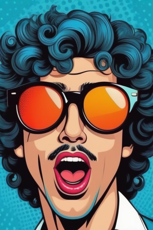 Sticker Wow pop art face. man with curly hair and open mouth and sunglasses , Vector background in pop art retro comic dots style