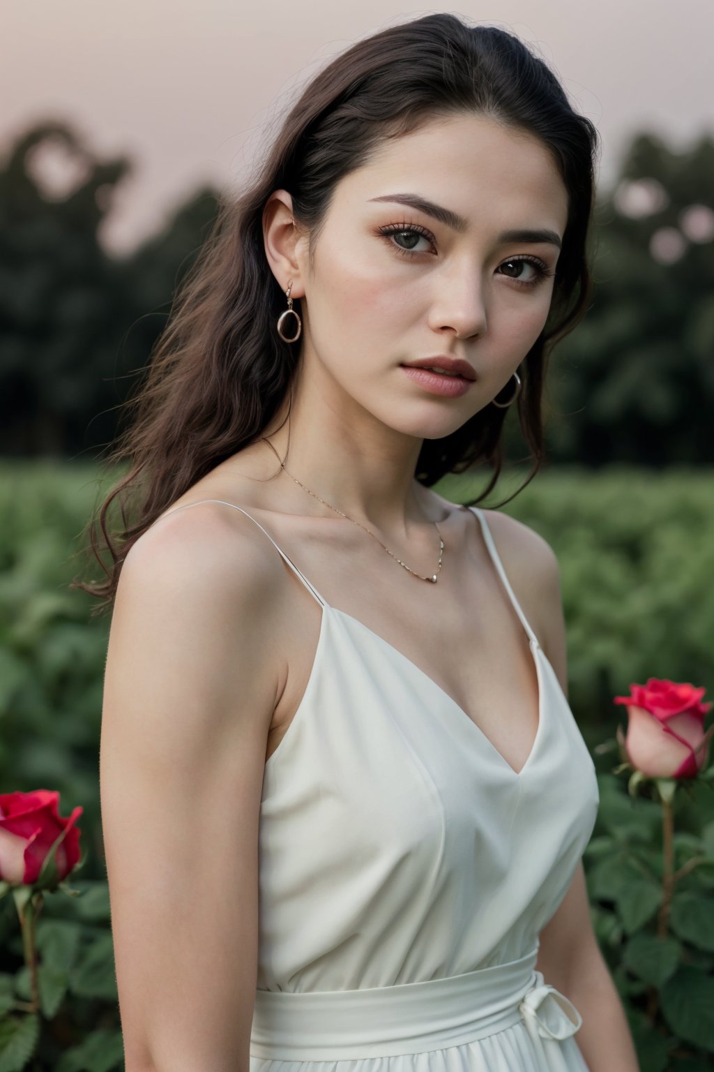  a woman, (realistic), (hyperrealism), (photorealistic), depth of field, adult, (upper body:1.2), (narrow waist), eye makeup:0.5, looking at the viewer, portrait photo, white dress, at the rose garden, moonrise, 
,Color Booster,