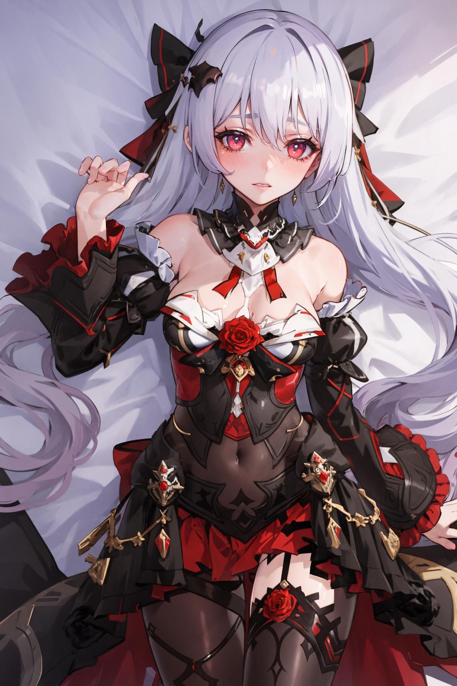 1girl, theresa apocalypse, dress, (reclining, lying, embarrassed, blush: 1.2), detached sleeves, hair ornament, hair ribbon, asymmetrical legwear, detached collar, looking at viewer,  cowboy shot, bed sheet, bedroom, candle, <lora:Char-Honkai-Theresa:0.8>