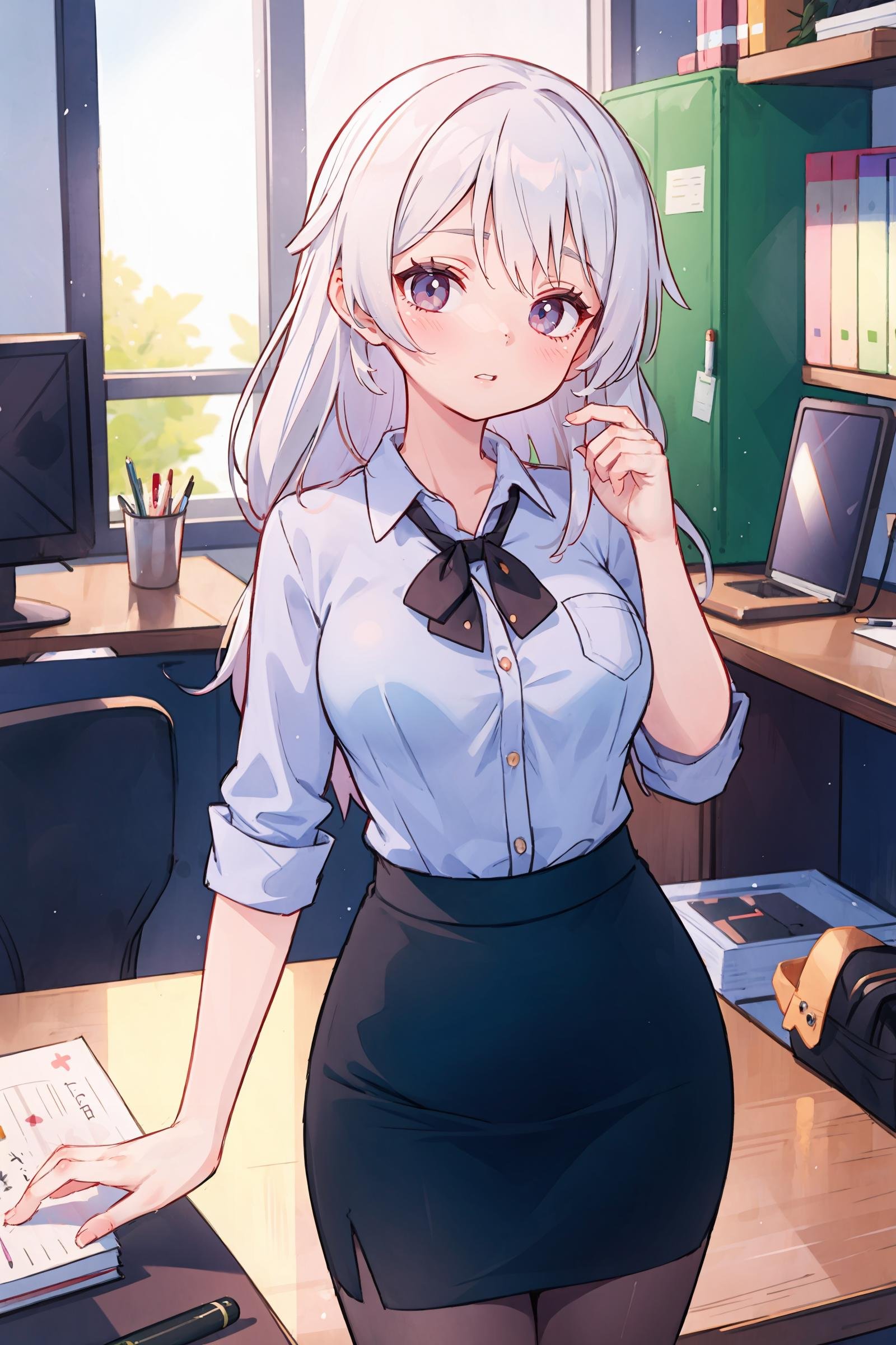 1girl, theresa apocalypse, office lady, collared shirt, pencil skirt, pantyhose, looking at viewer, parted lips, cowboy shot, office, indoors, depth of field, <lora:Char-Honkai-Theresa:0.7>