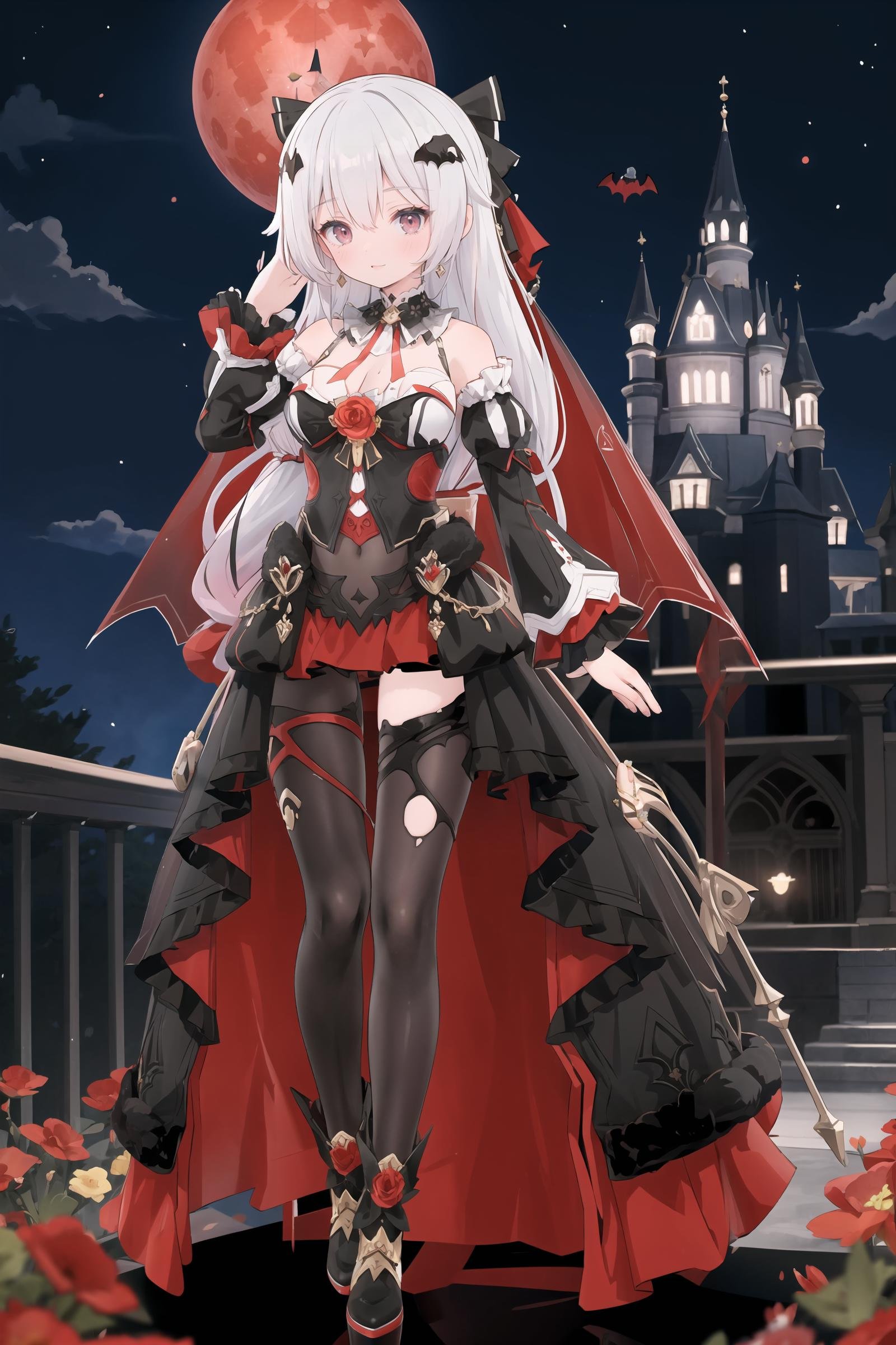 1girl, theresa apocalypse, dress, (looking at viewer, light smile, hand in own hair), detached sleeves, hair ornament, hair ribbon, veil, high heel boots, asymmetrical legwear, detached collar, full body, night sky, red moon, cloud, castle, outdoors, bat \(animal\), depth of field, <lora:Char-Honkai-Theresa:0.8>