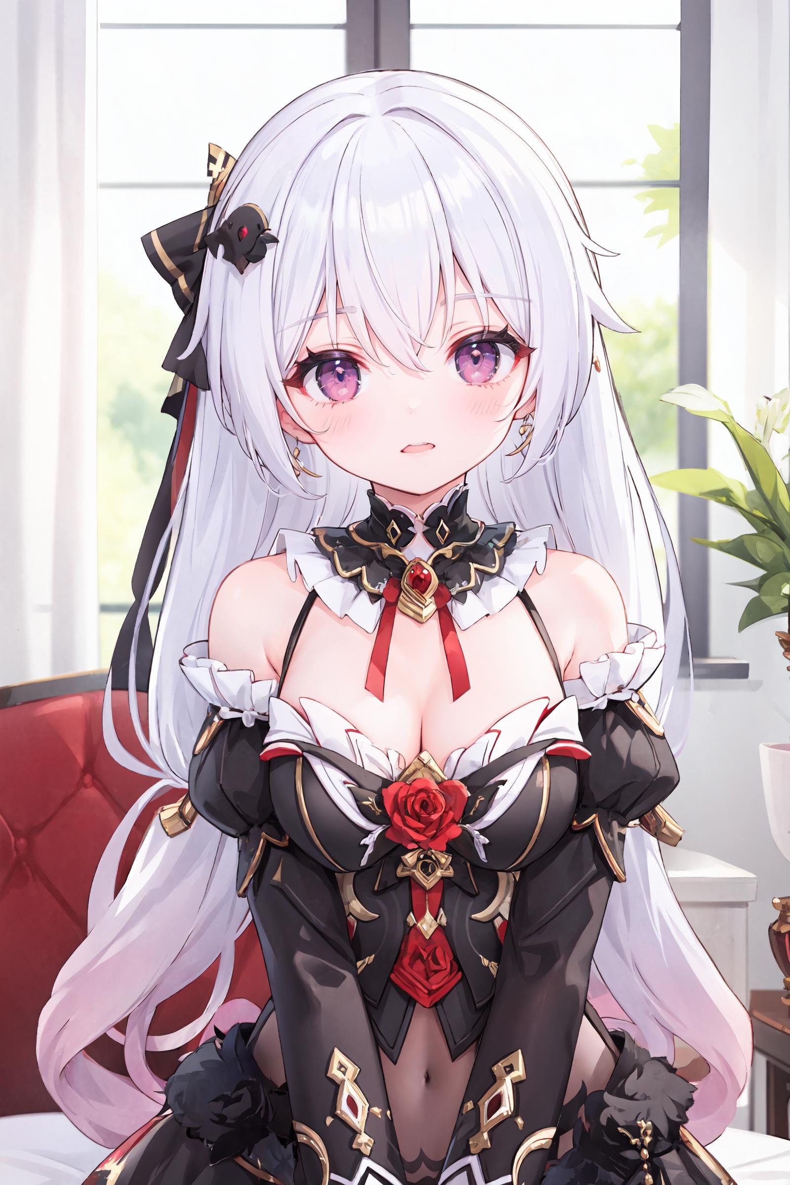 1girl, theresa apocalypse, dress, looking at viewer, smile, detached sleeves, hair ornament, hair ribbon, detached collar, shy, blush, upper body, cleavage, skindentation, breasts squeezed together, v arms, indoors, depth of field, <lora:Char-Honkai-Theresa:0.8>,  <lora:breasts_squeezed_together_v0.2:0.8>