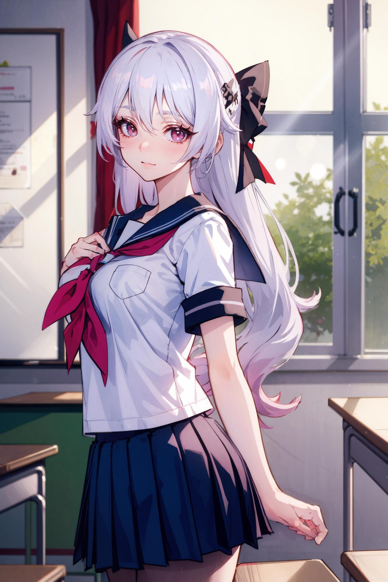 1girl, theresa apocalypse, hair ribbon, school uniform, serafuku, cowboy shot, backlighting, sunbeam, classroom, indoors, window, light smile, looking at viewer, facing viewer, <lora:Char-Honkai-Theresa:0.7>