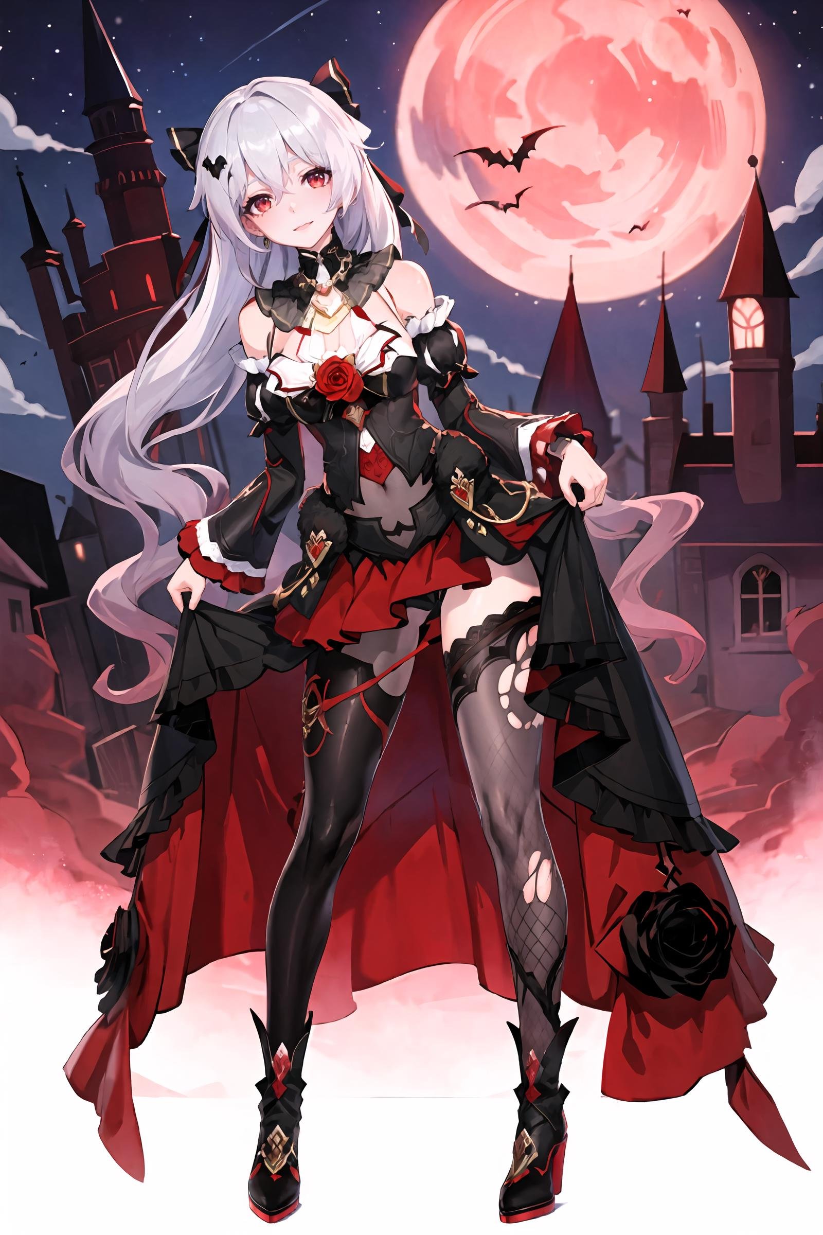 1girl, theresa apocalypse, sleeveless gown, detached sleeves, hair ornament, hair bow, high heel boots, asymmetrical legwear, detached collar, looking at viewer, light smile, (skirt hold, curtsey: 1.2), night sky, full body, red moon, cloud, castle, outdoors, bat \(animal\), depth of field