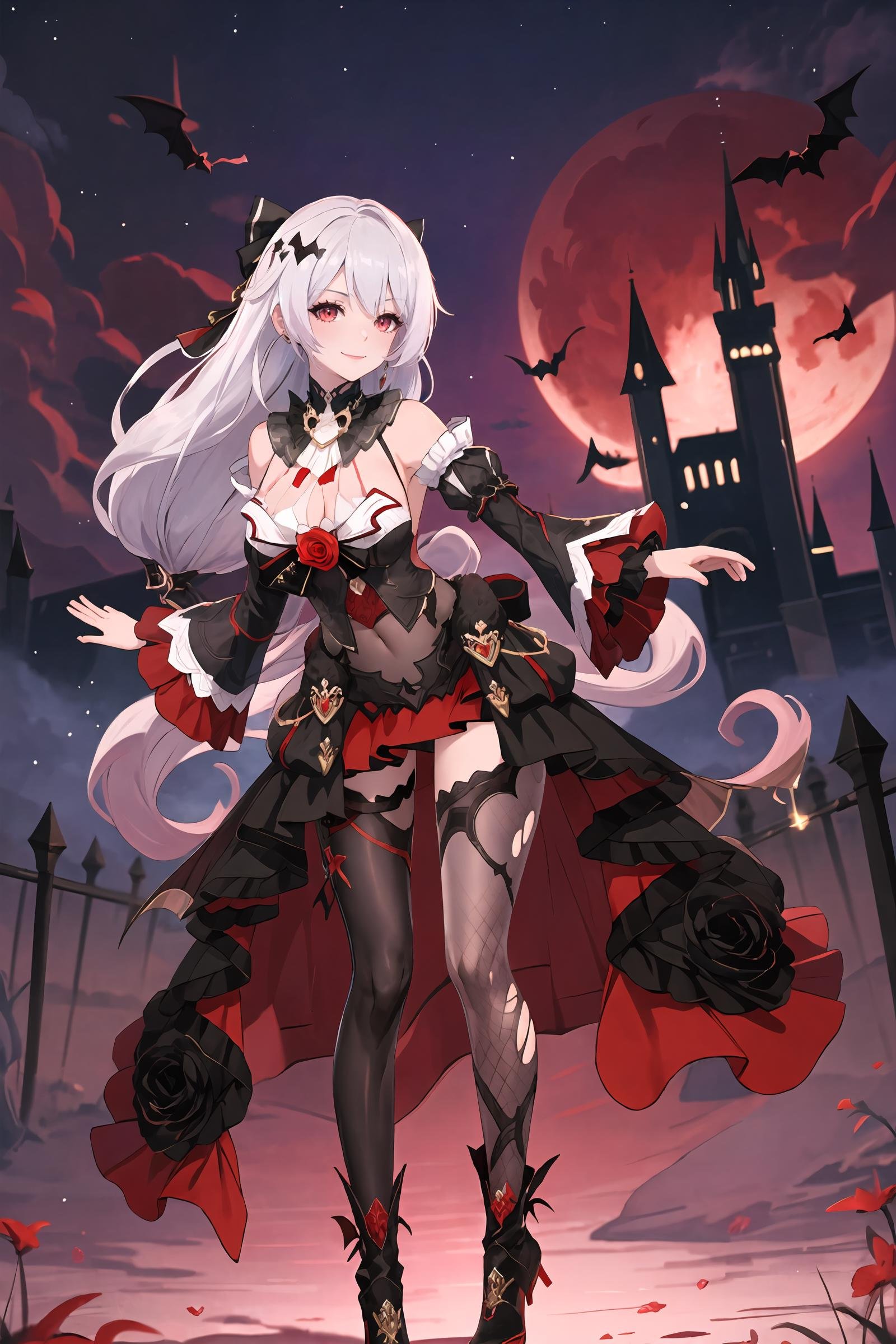 1girl, theresa apocalypse, sleeveless gown, detached sleeves, hair ornament, hair bow, high heel boots, asymmetrical legwear, detached collar, (looking at viewer, light smile, hand in own hair), full body, standing, night sky, red moon, cloud, castle, outdoors, bat \(animal\), depth of field