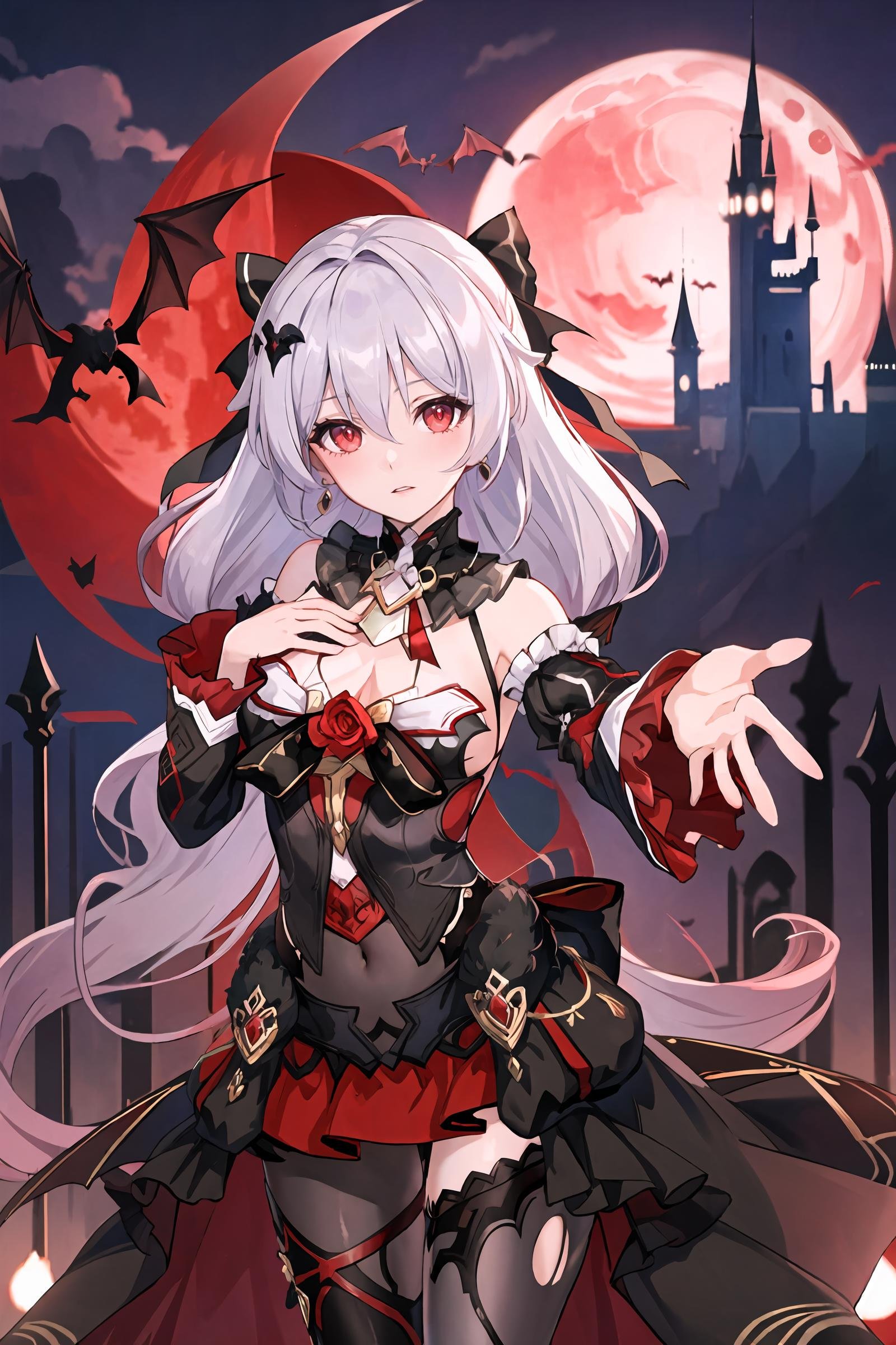 1girl, theresa apocalypse, sleeveless gown, detached sleeves, hair ornament, hair bow, asymmetrical legwear, detached collar, looking at viewer, parted lips, night sky, cowboy shot, standing, (hand on own chest, reaching out:1.2), red moon, cloud, castle, outdoors, bat \(animal\), depth of field