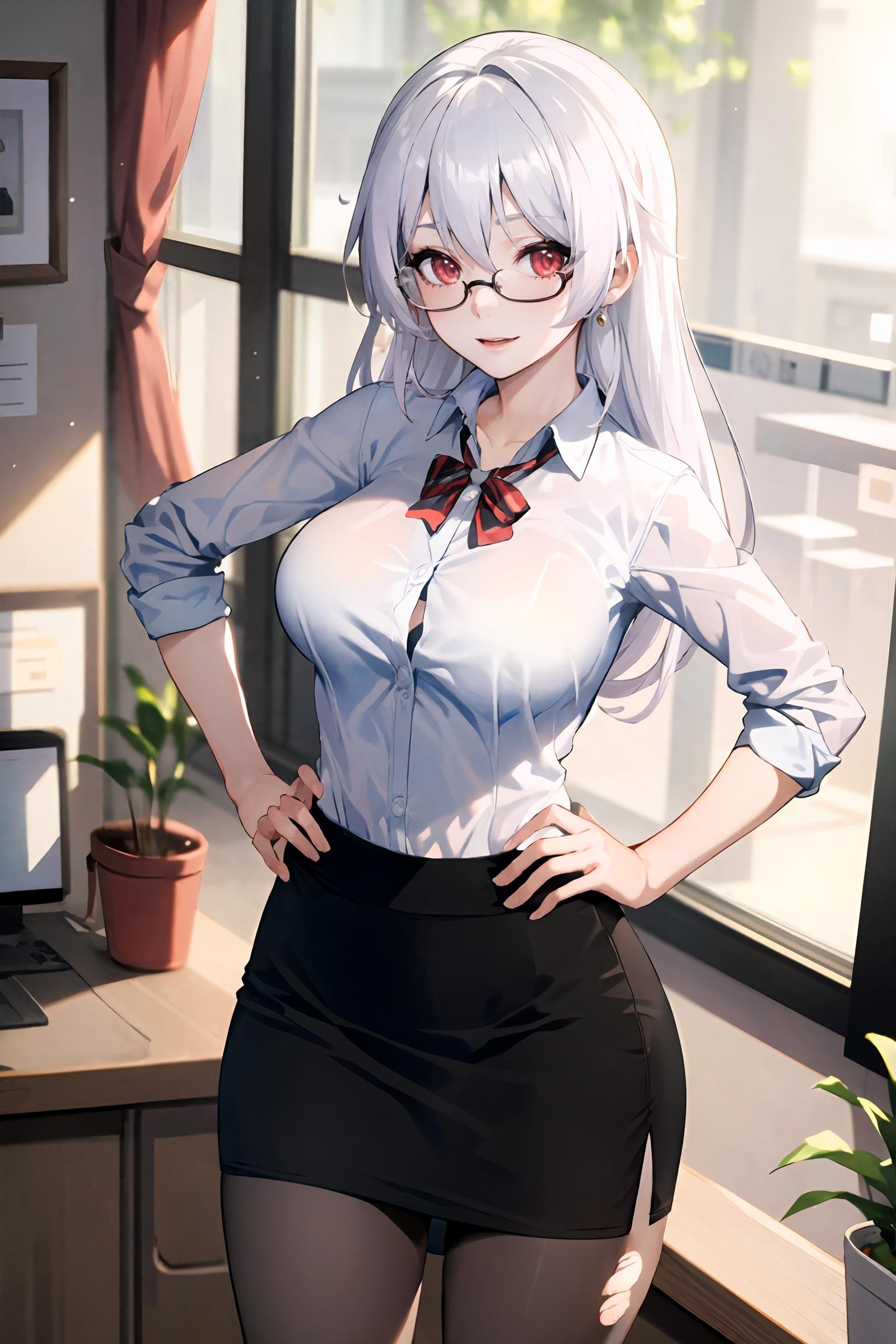 theresa apocalypse, solo, office lady, white collared shirt, pencil skirt, pantyhose, glasses, looking at viewer, hand on hip, office, indoors, depth of field, gasping, ecstasy, light smile