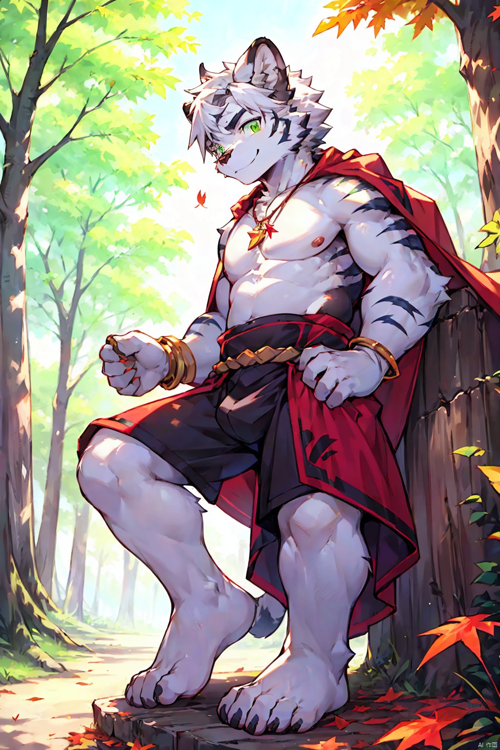  solo, 1boy, male focus, tiger ears,full body, furry male,anime,8K,boy,juvenile,Seventeen,green eye,green Modern robe,shirtIn a lush deciduous forest of red maples, smile, red leaf cape,bare feet,Bare shoulders, white hair,obesity,Gemstone bracelet, topless, Gold anklet,Gem necklace,Luminous eyes,Chinese battle dress,Leaning against a big tree,  furry,fat, HYZ, niji5